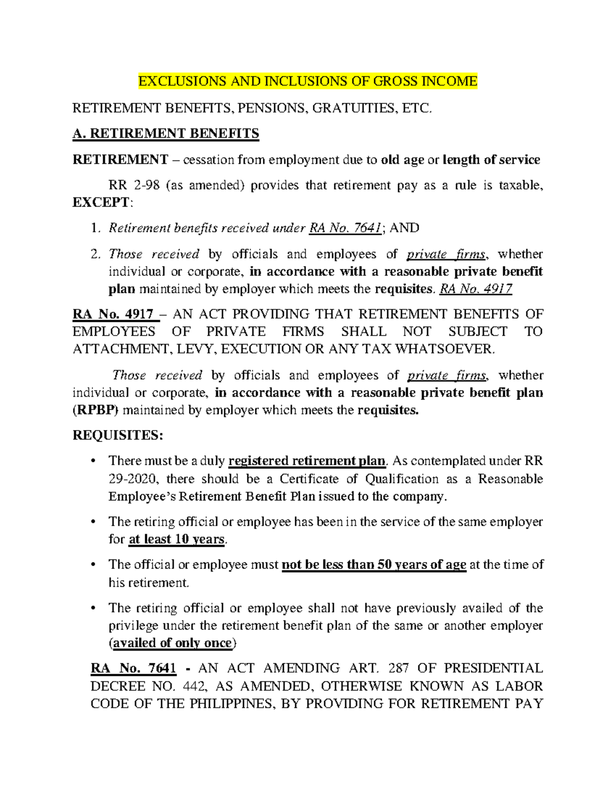 Retirement Benefits & Income Taxation: Key RA No. 4917 & 7641 Insights ...