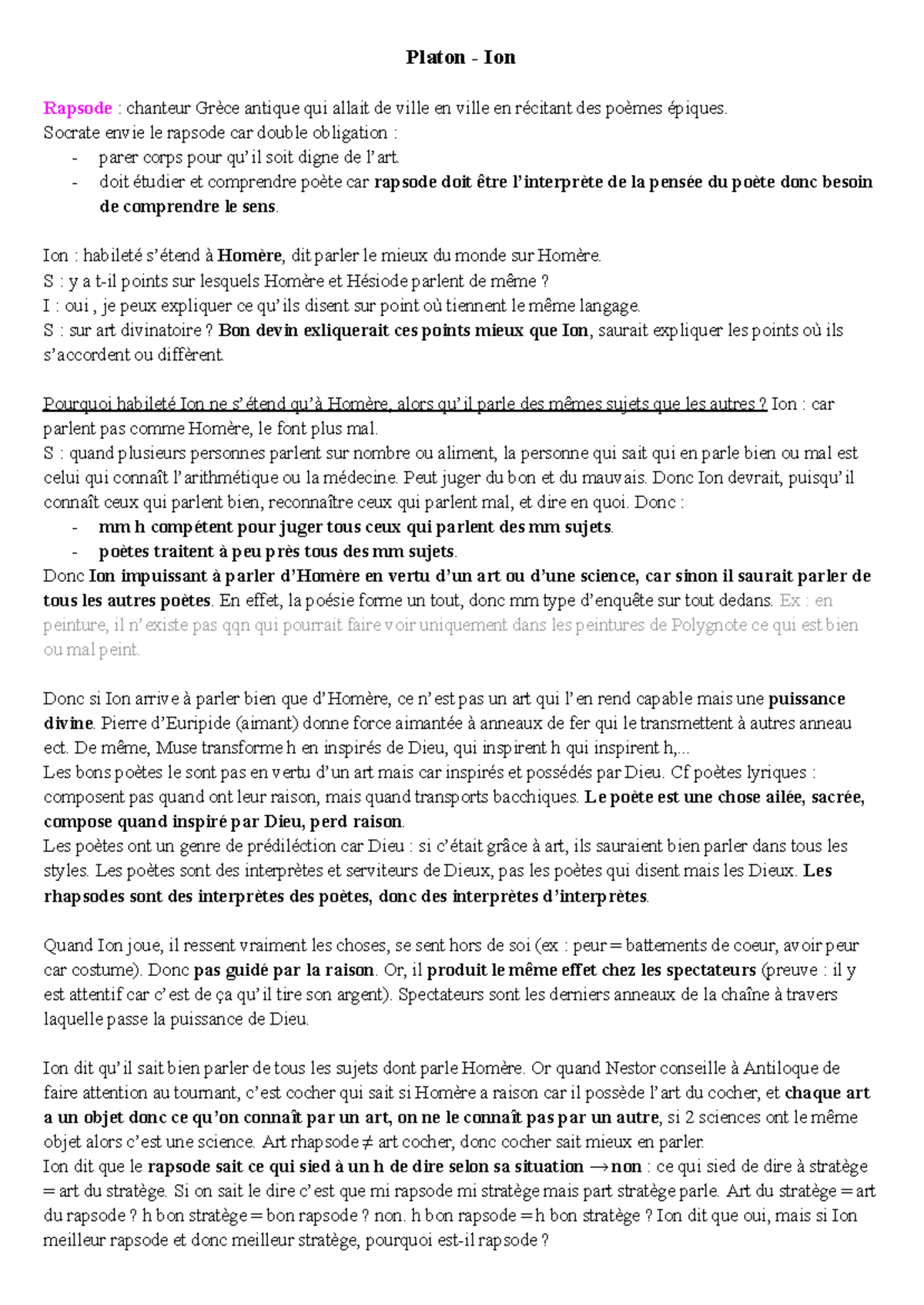Platon - Ion : Analyse du Rapsode et de l'Inspiration Divine - Studocu