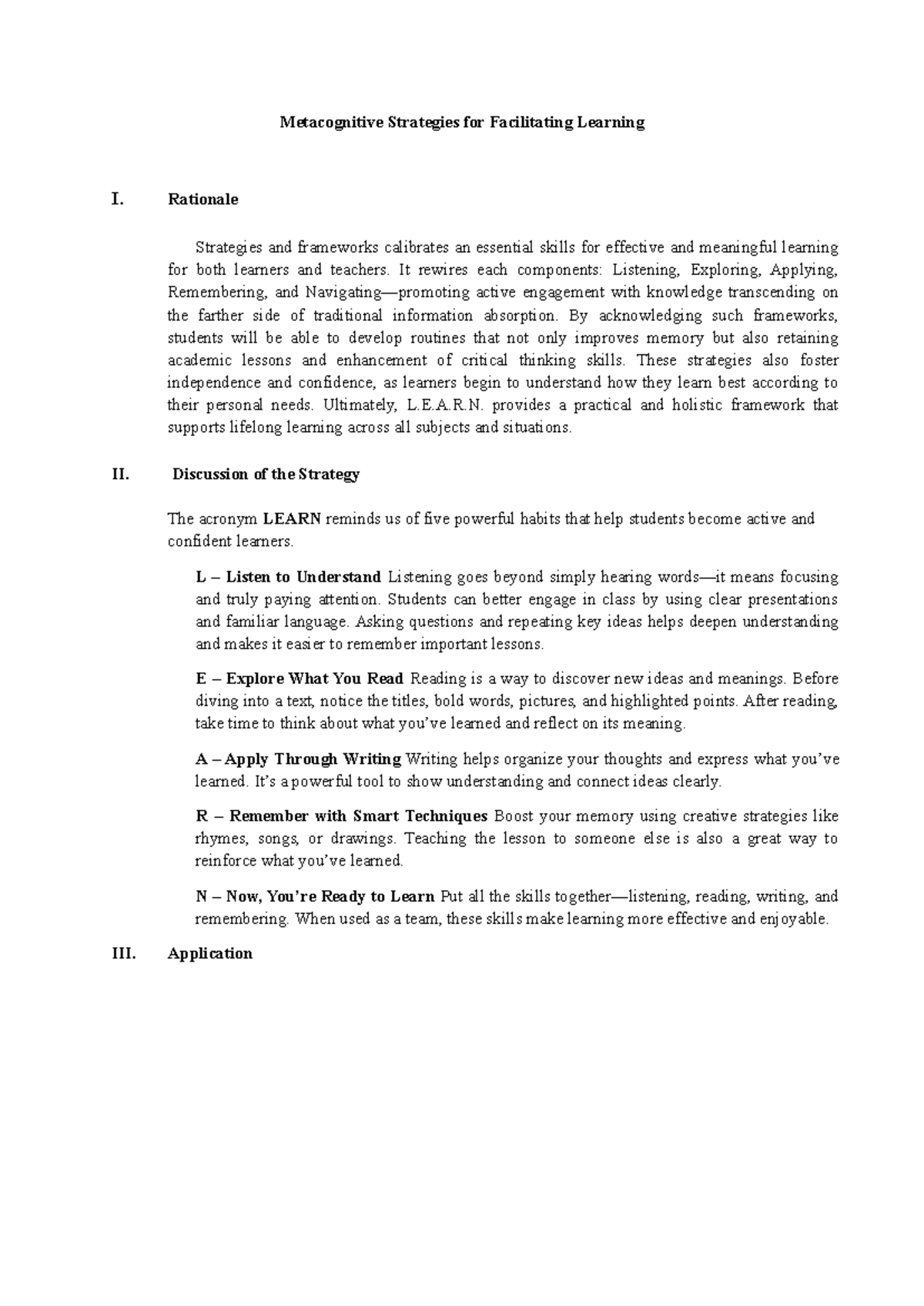 Metacognitive Strategies for Effective Learning: The L.E.A.R.N ...