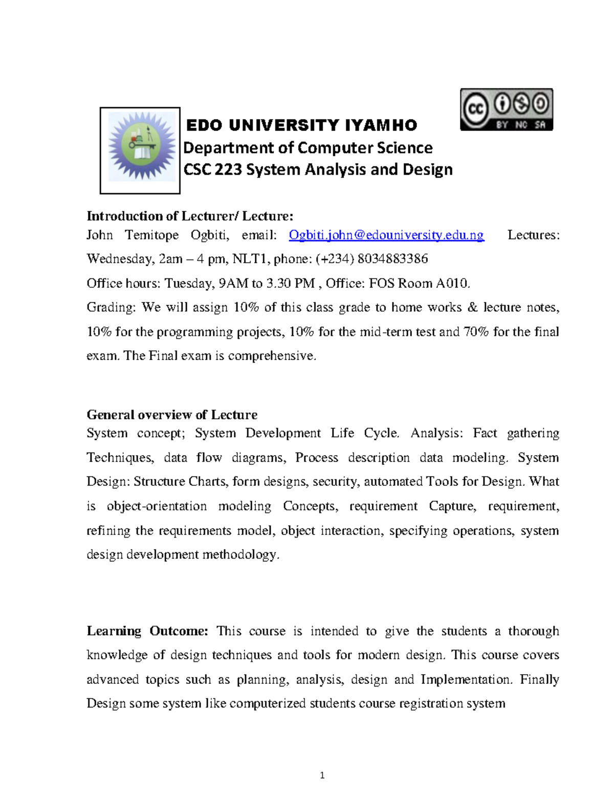 CSC 223 System Analysis and Design Lecture Notes - Comprehensive ...