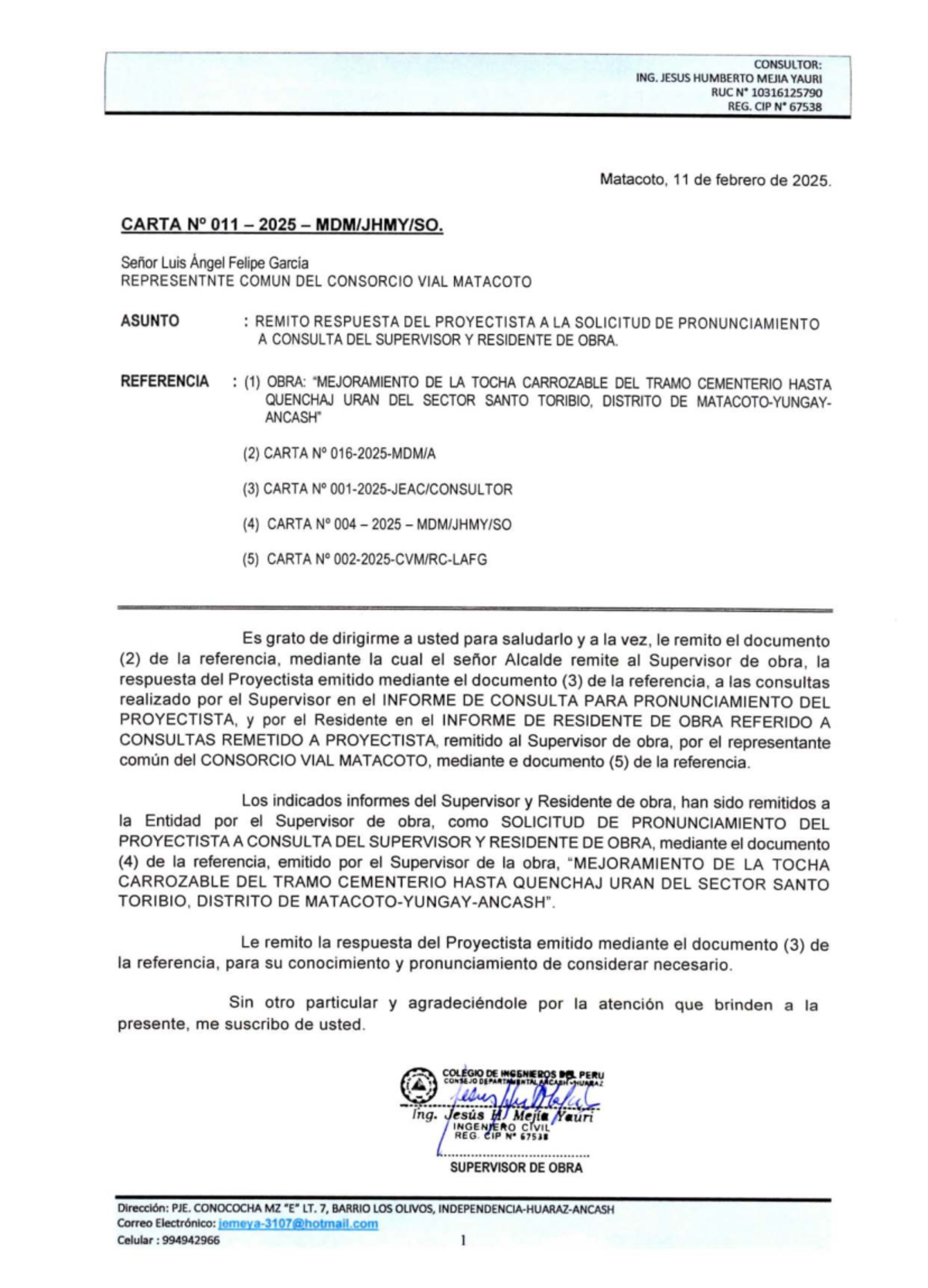 Carta Nº 001-2025-JEAC: Respuesta a Consultas del Proyectista sobre Obra en - Document Preview