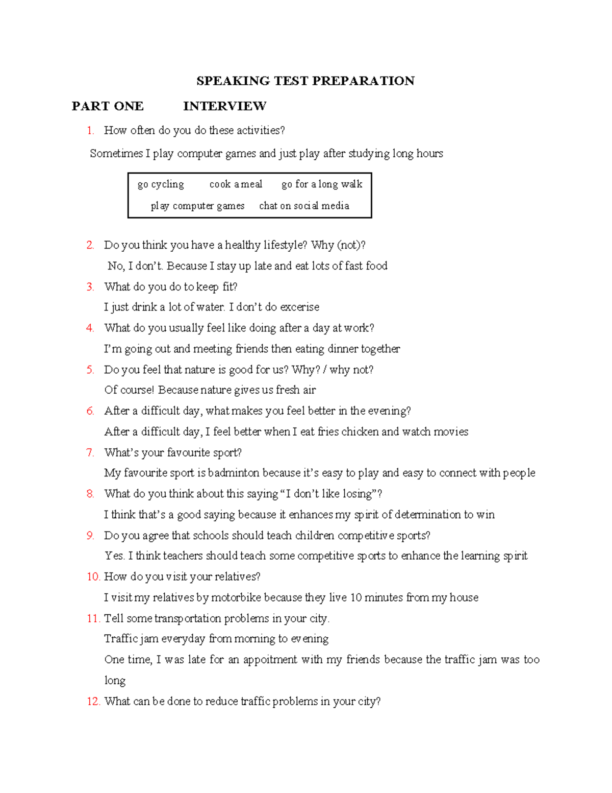 Speaking TEST - abagah s - SPEAKING TEST PREPARATION PART ONE INTERVIEW ...