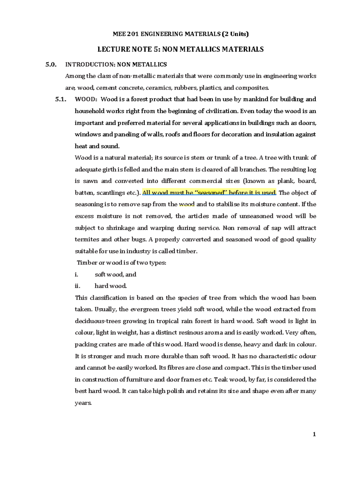MEE 201 Lecture Note 5: Non-Metallic Materials in Engineering - Studocu