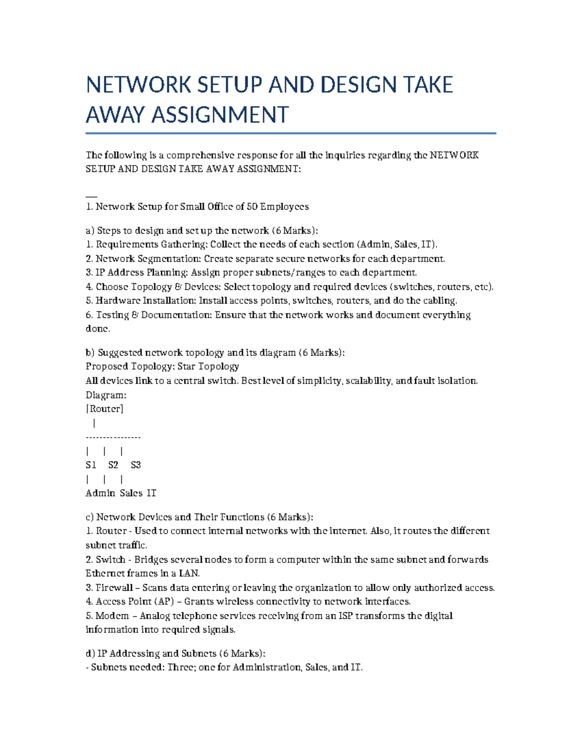 NETWORK SETUP AND DESIGN TAKEAWAY ASSIGNMENT (NET 101) - Studocu
