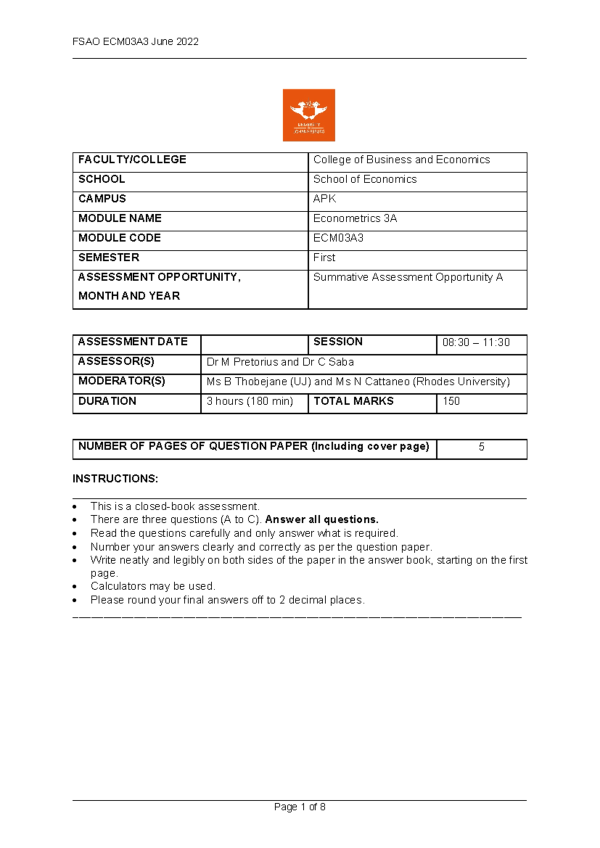 Econometrics 3A Final Exam Review Memo and Question Breakdown - Studocu