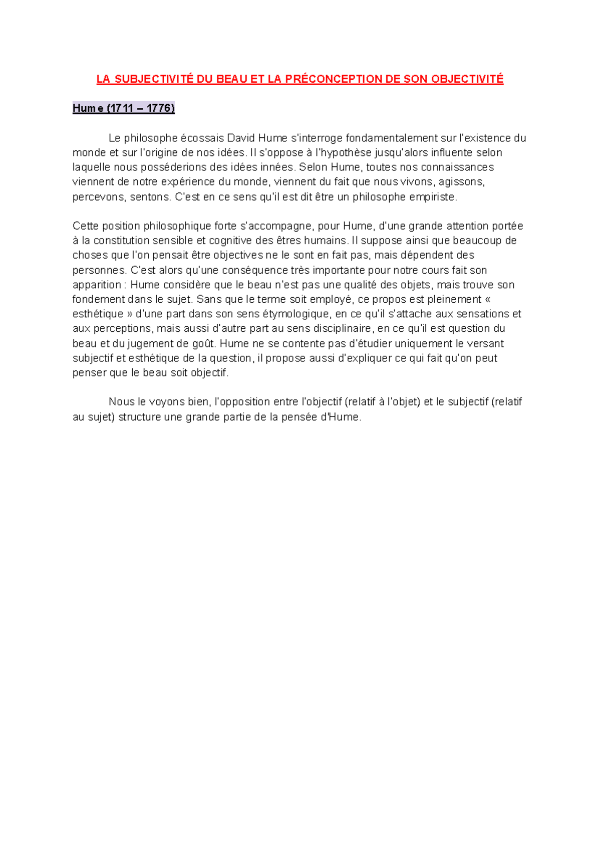 HUME - La Subjectivité du Beau et l'Objectivité selon Hume - Studocu
