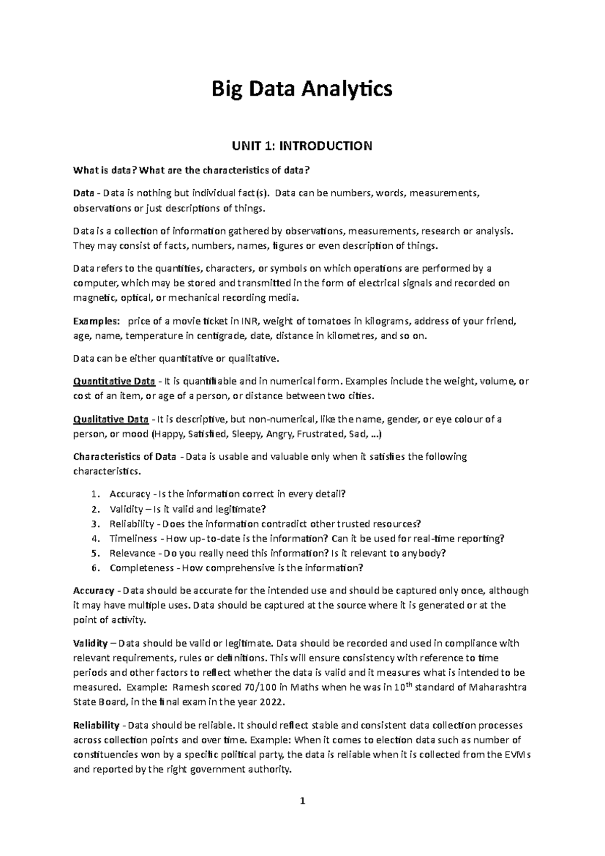 Big Data Analytics Unit 1 - Big Data Analytics UNIT 1: INTRODUCTION ...