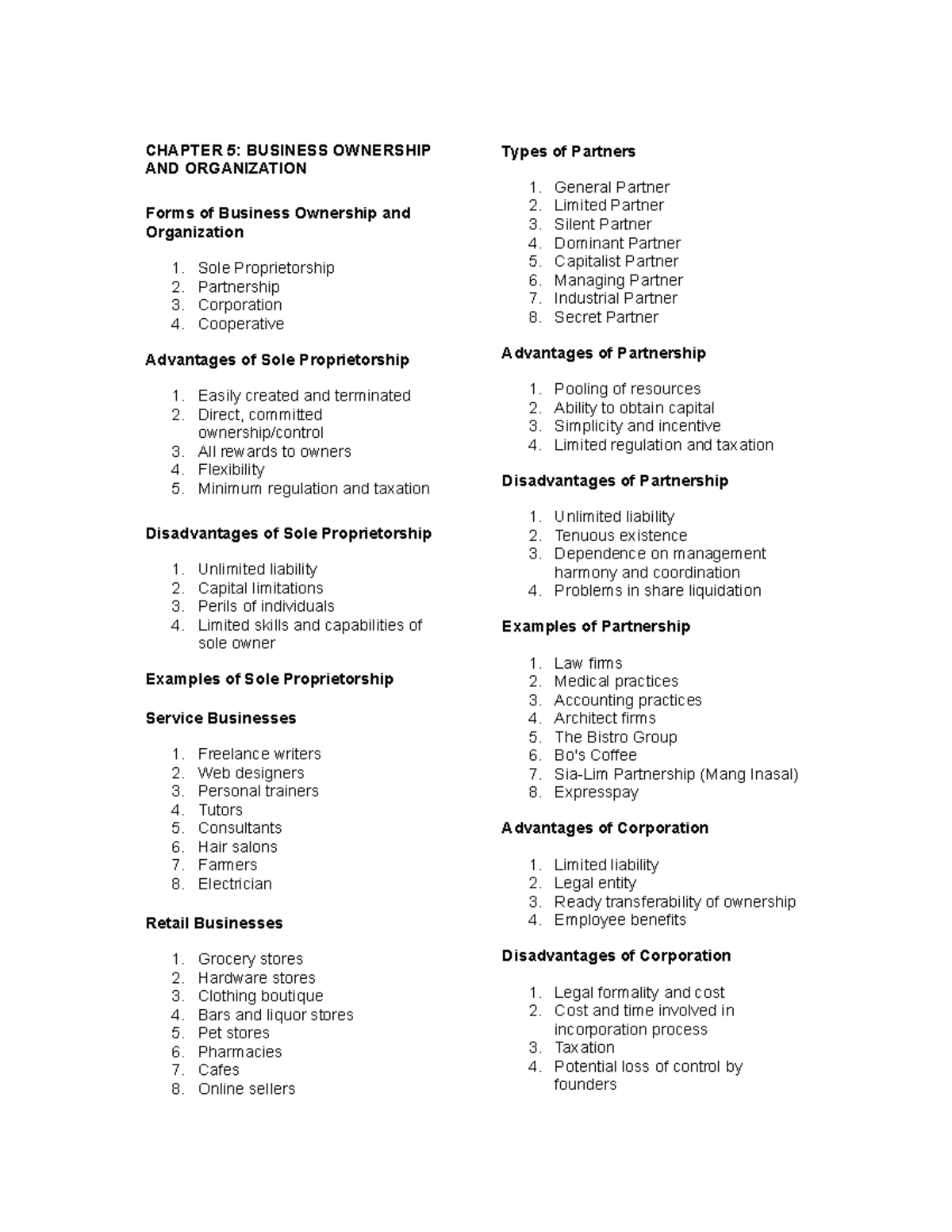CHAPTER 5: BUSINESS OWNERSHIP & ORG - Forms & Types of Ownership - Studocu