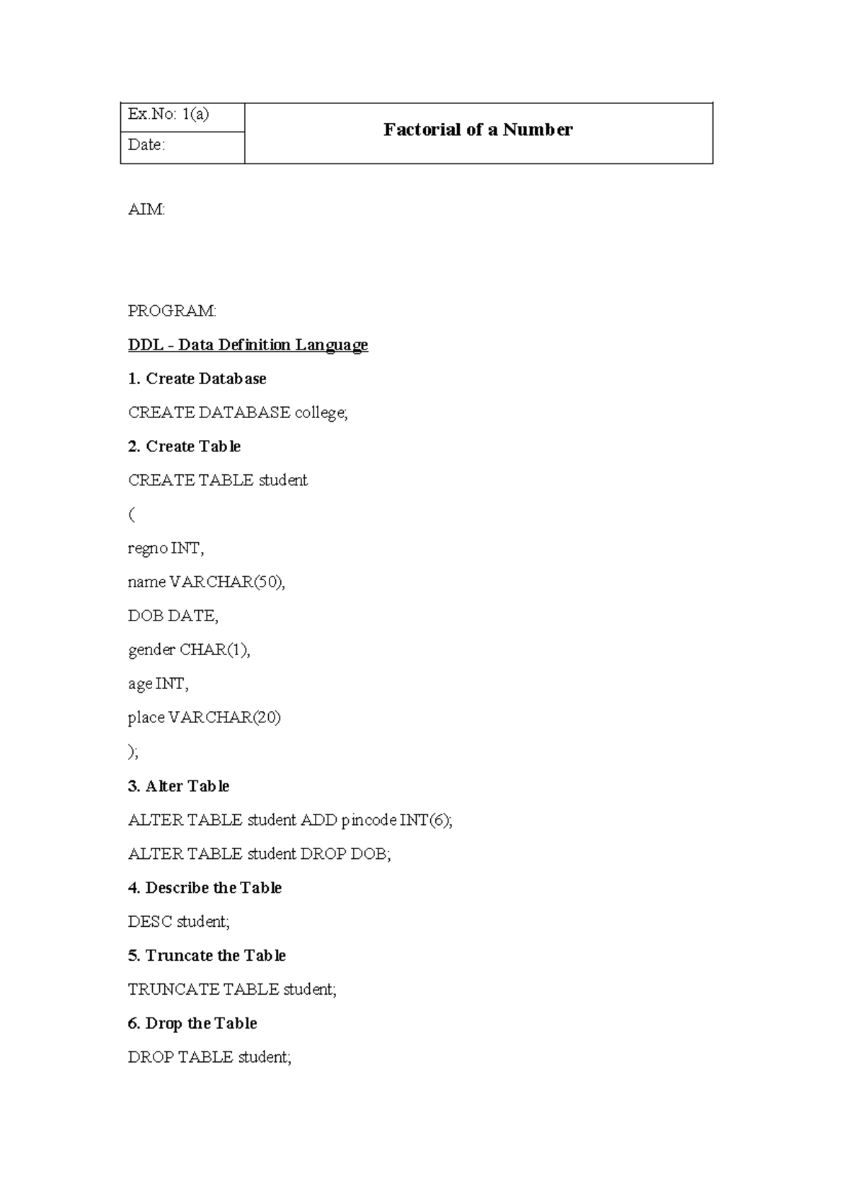 DBMS Lab Manual: Factorial & DDL Operations (Ex.No: 1a) - Studocu