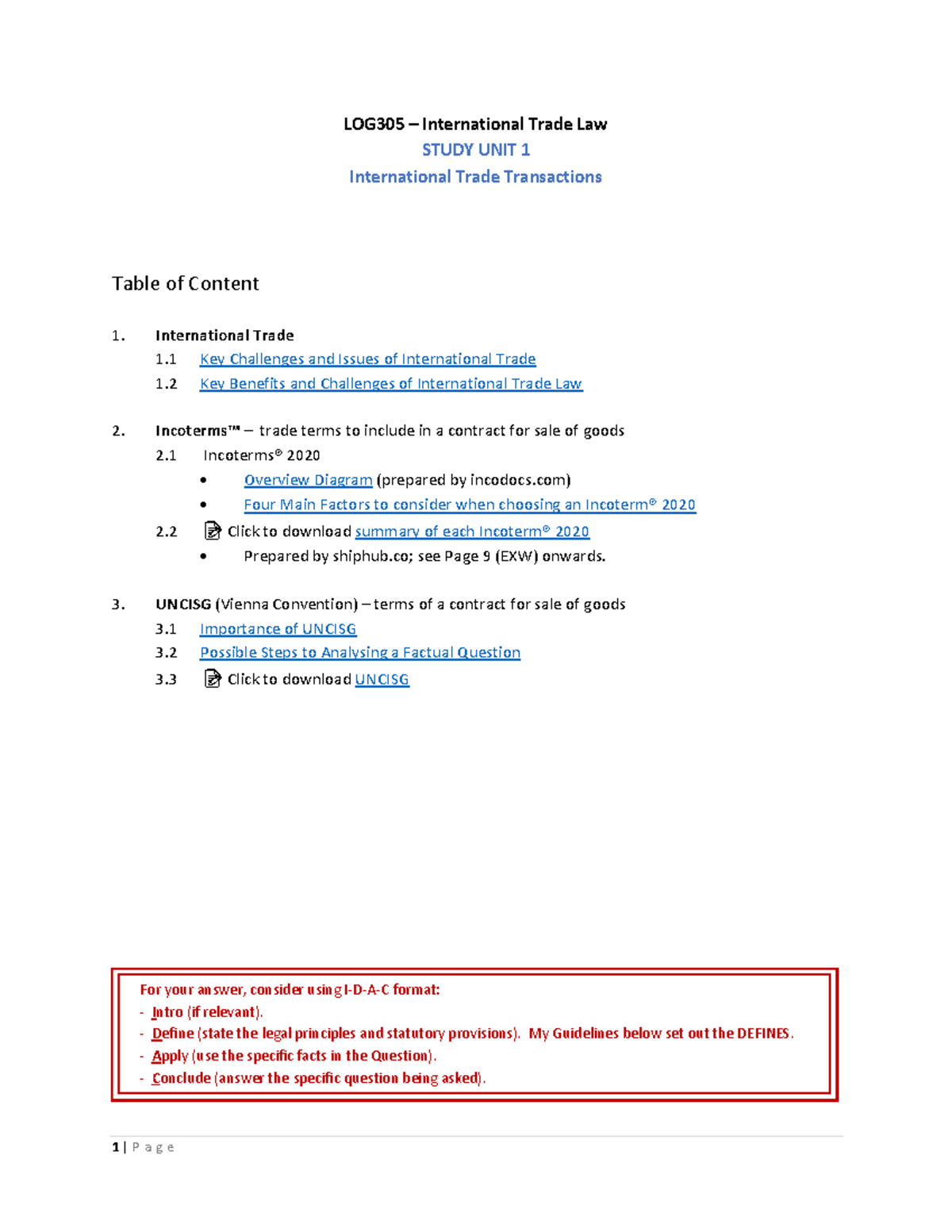 LOG305 International Trade Law Study Unit 1: Challenges and UNCISG ...