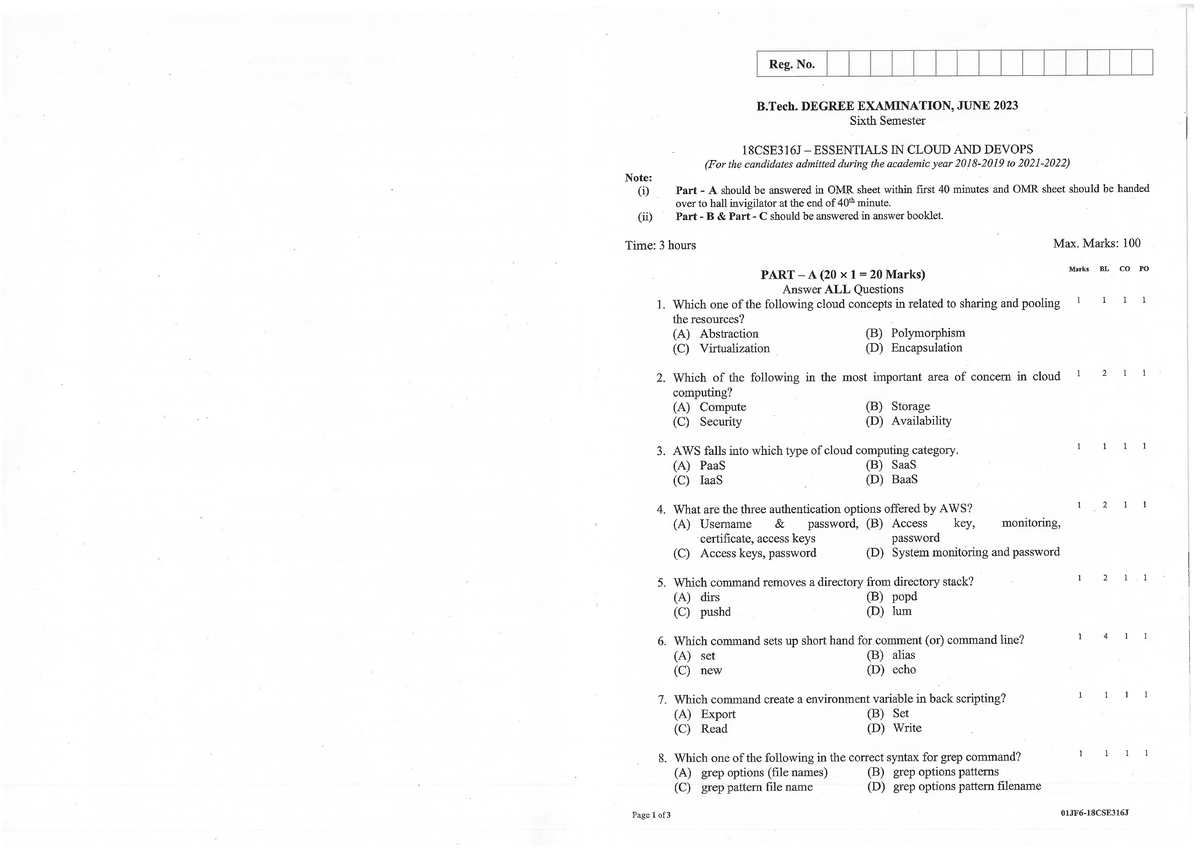 18CSE316J Essentials in Cloud & DevOps End Semester Exam Paper - Studocu