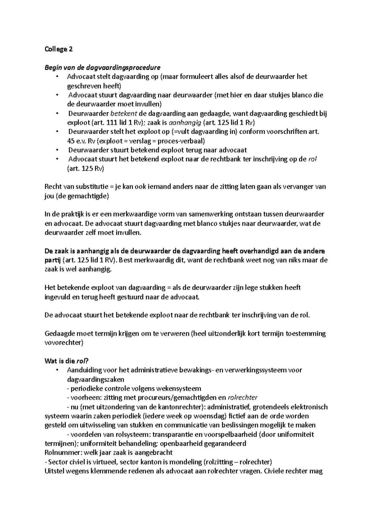 College 2 - Dagvaardingsprocedure en Procesrecht Uitleg - Studeersnel