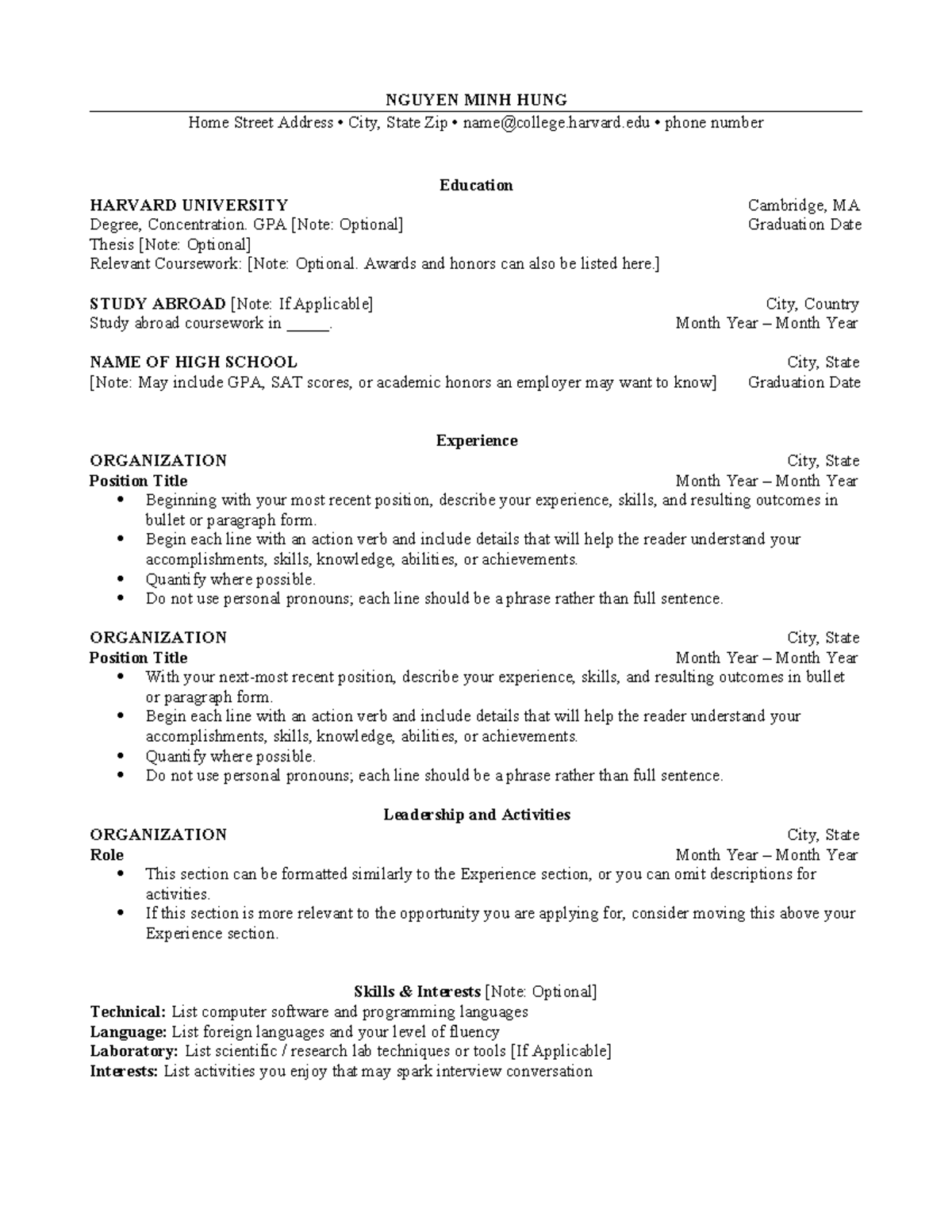 CV Guidelines for In-Class Use: Nguyen Minh Hung - Studocu