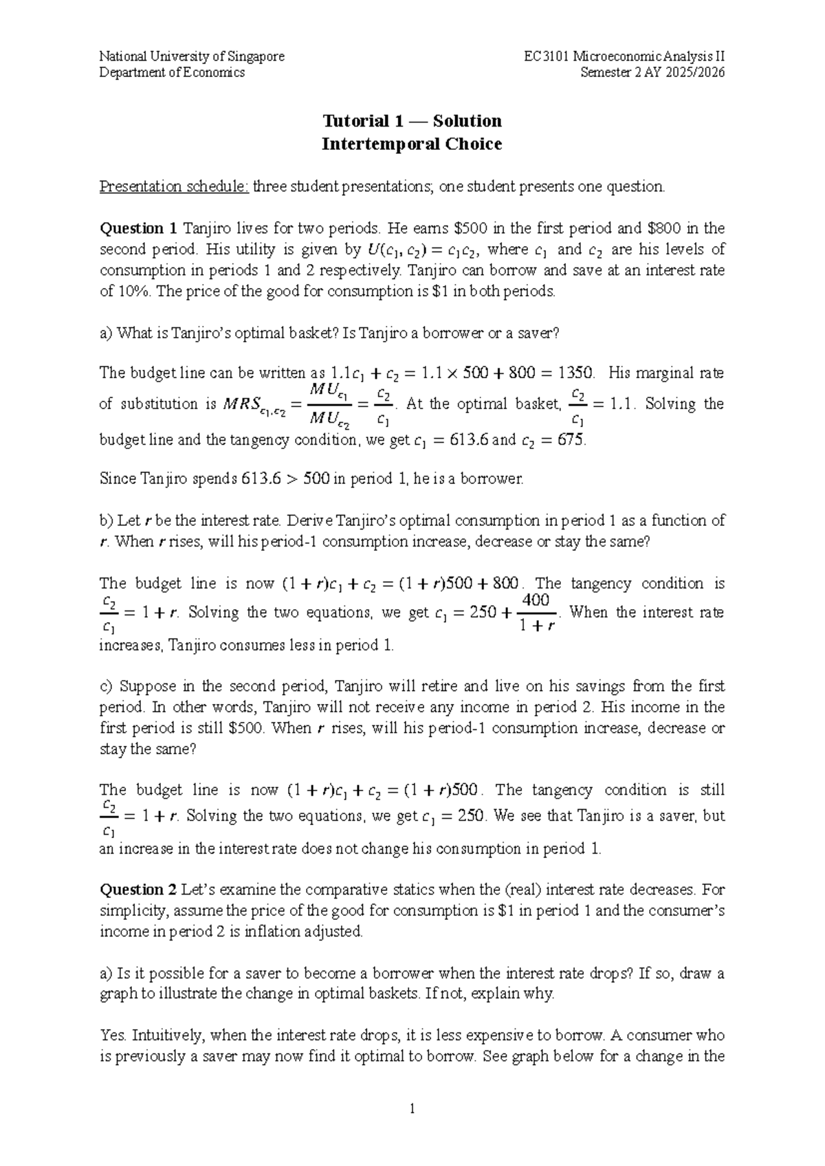 EC3101 Microeconomic Analysis II: Tutorial 1 Solutions on Intertemporal ...