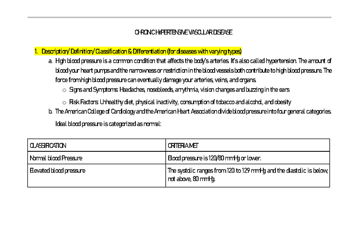 CHVD - Chronic Hypertensive Vascular Disease Study Notes - Studocu