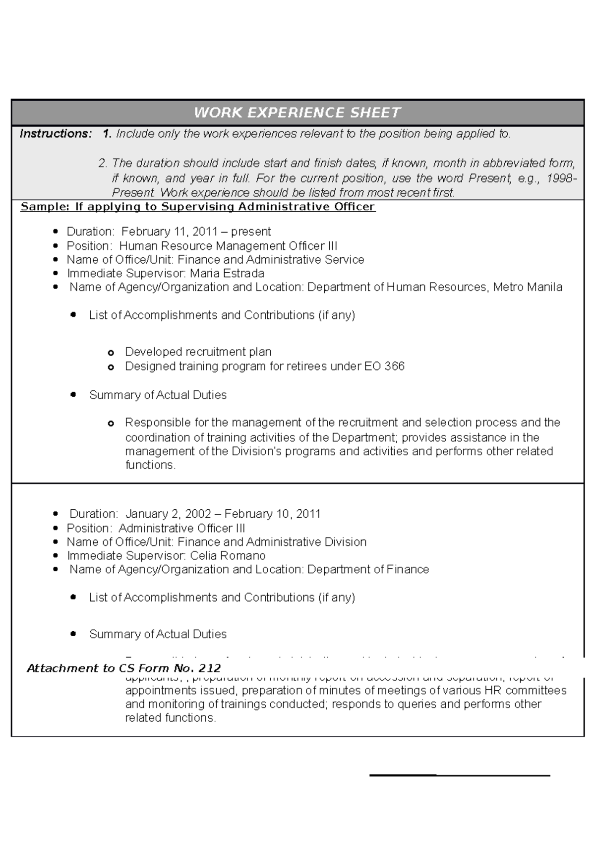 CS Form No. 212 - Work Experience Sheet Instructions and Examples - Studocu