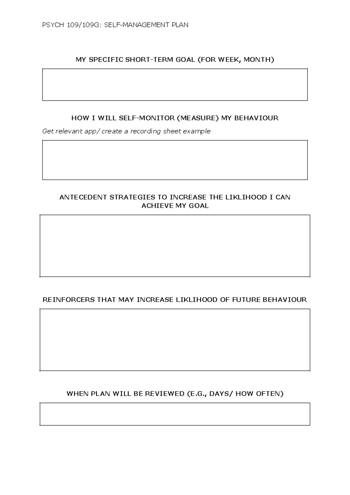 Psych 109 109G Self Management Plan - Mind, Brain and Behaviour - PSYCH ...