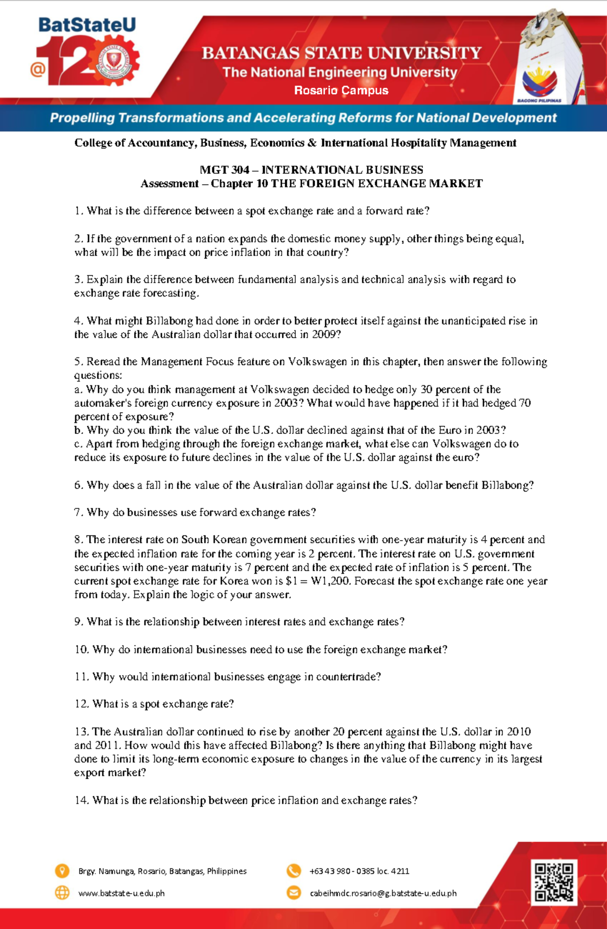 Assignment MGT 304 - Chapter 10: The Foreign Exchange Market - Studocu