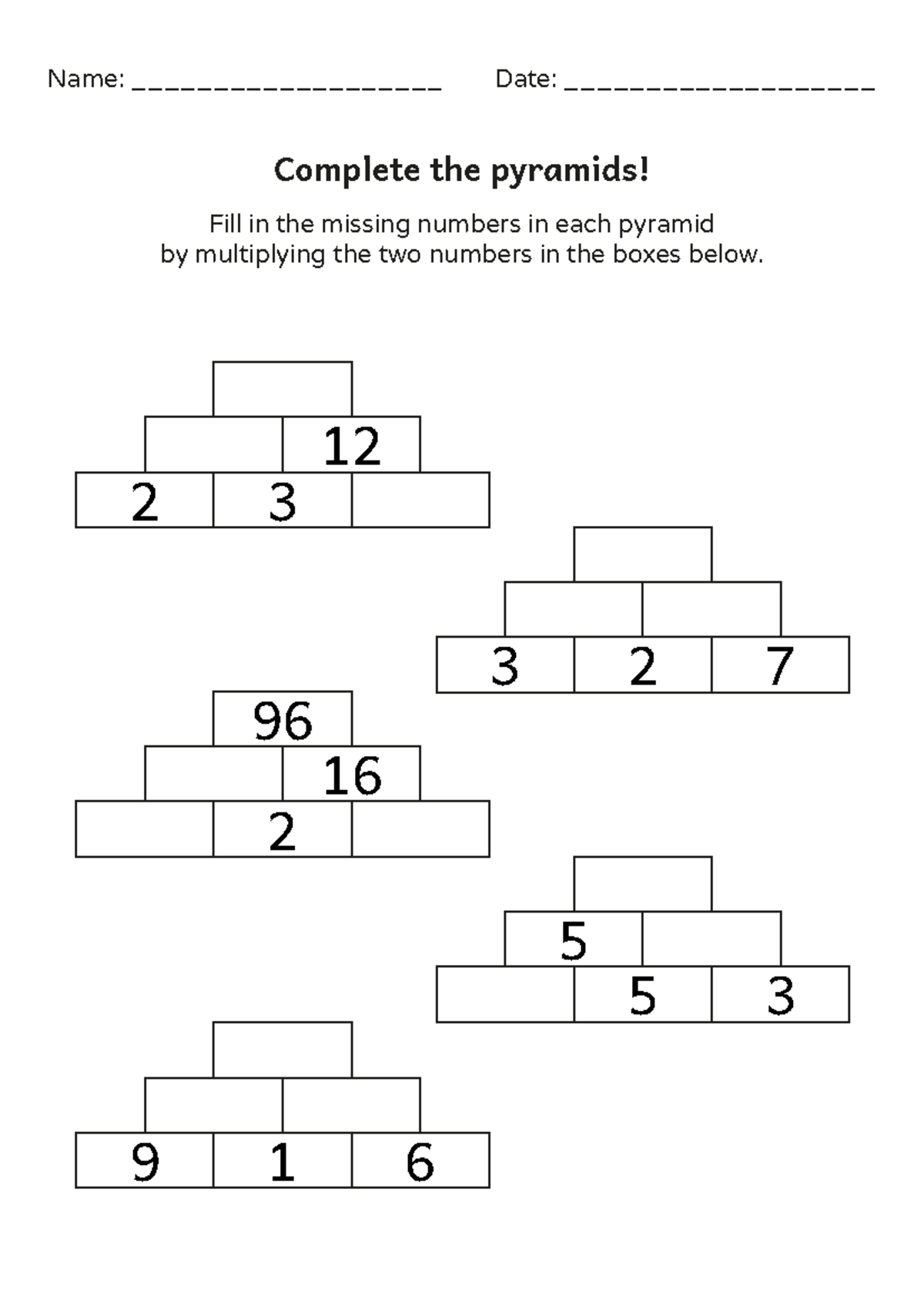Multiplication Pyramid Exercises - 3rd Grade Worksheet - Name ...