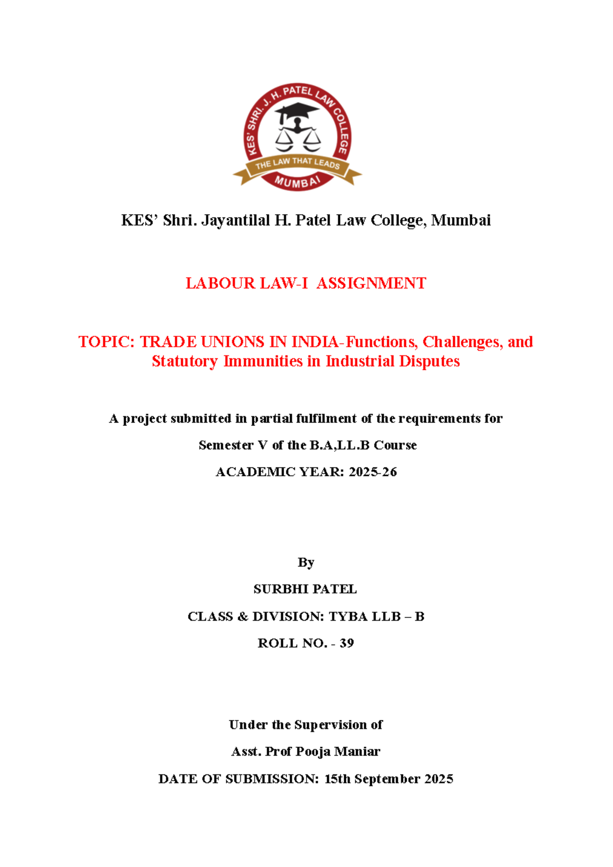 B.A,LL.B Semester V Labour Assignment: Trade Unions in India - Studocu
