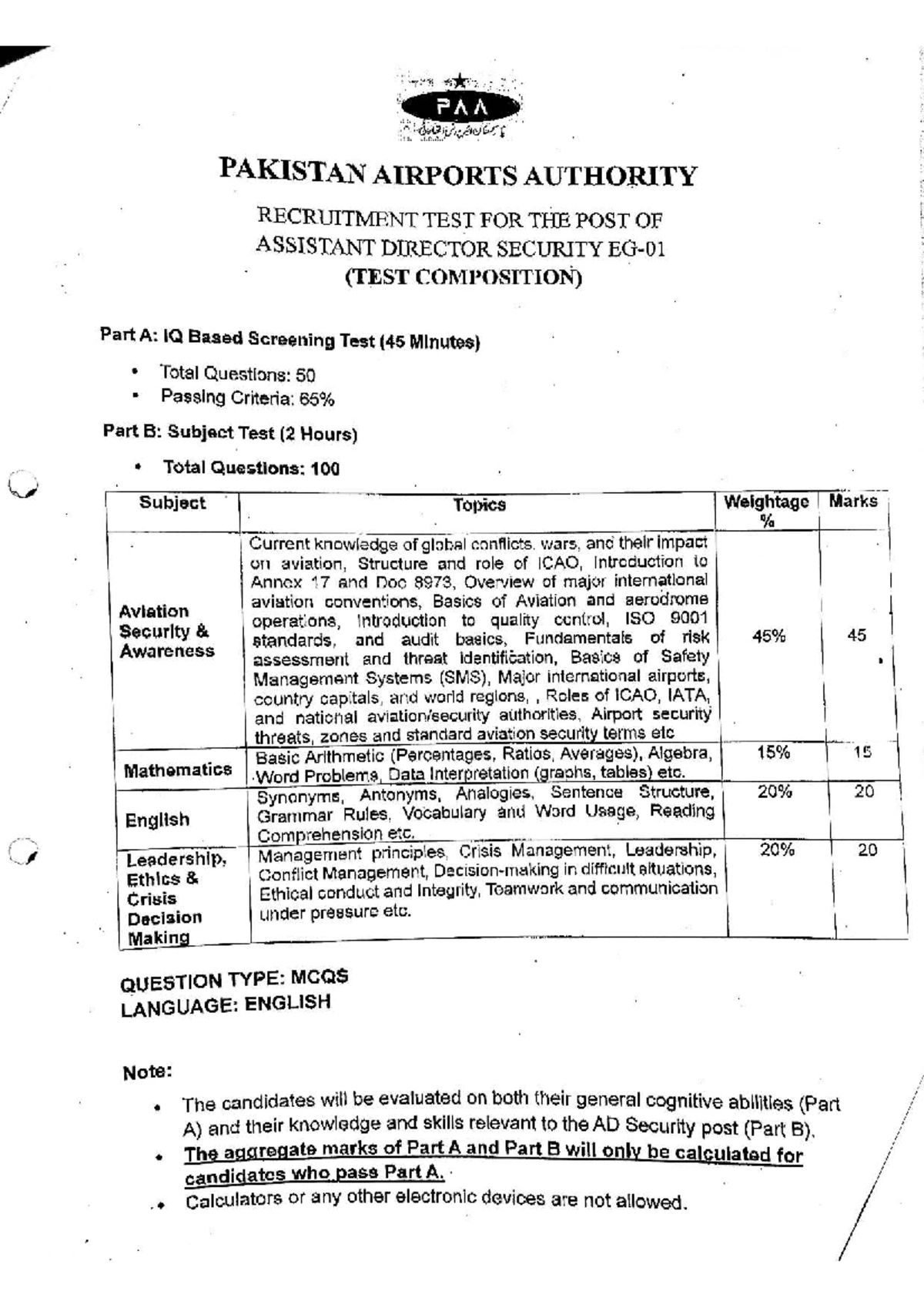 PAA Assistant Director Security Recruitment Test Composition - Studocu