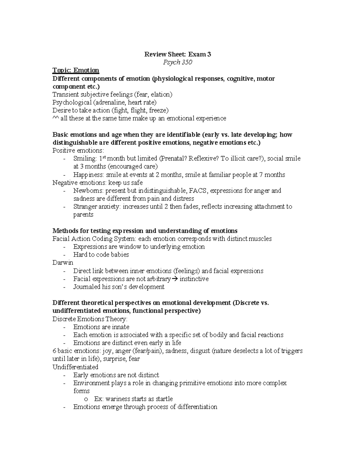 Psych 350: Review Sheet for Developmental Exam 3 on Emotion ...