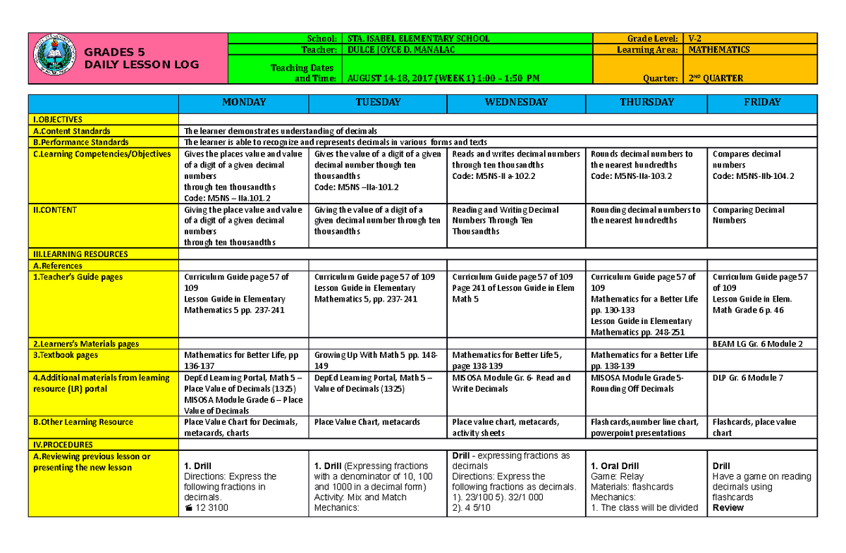 DLL Mathematics 5 Q2 W1 - Decimal Numbers Daily Lesson Log - Studocu