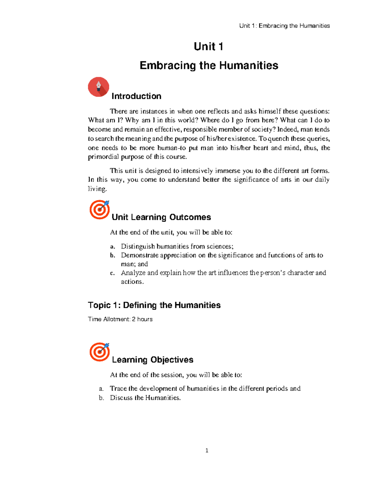 Unit 1: Embracing the Humanities - Understanding Arts and Their Impact ...