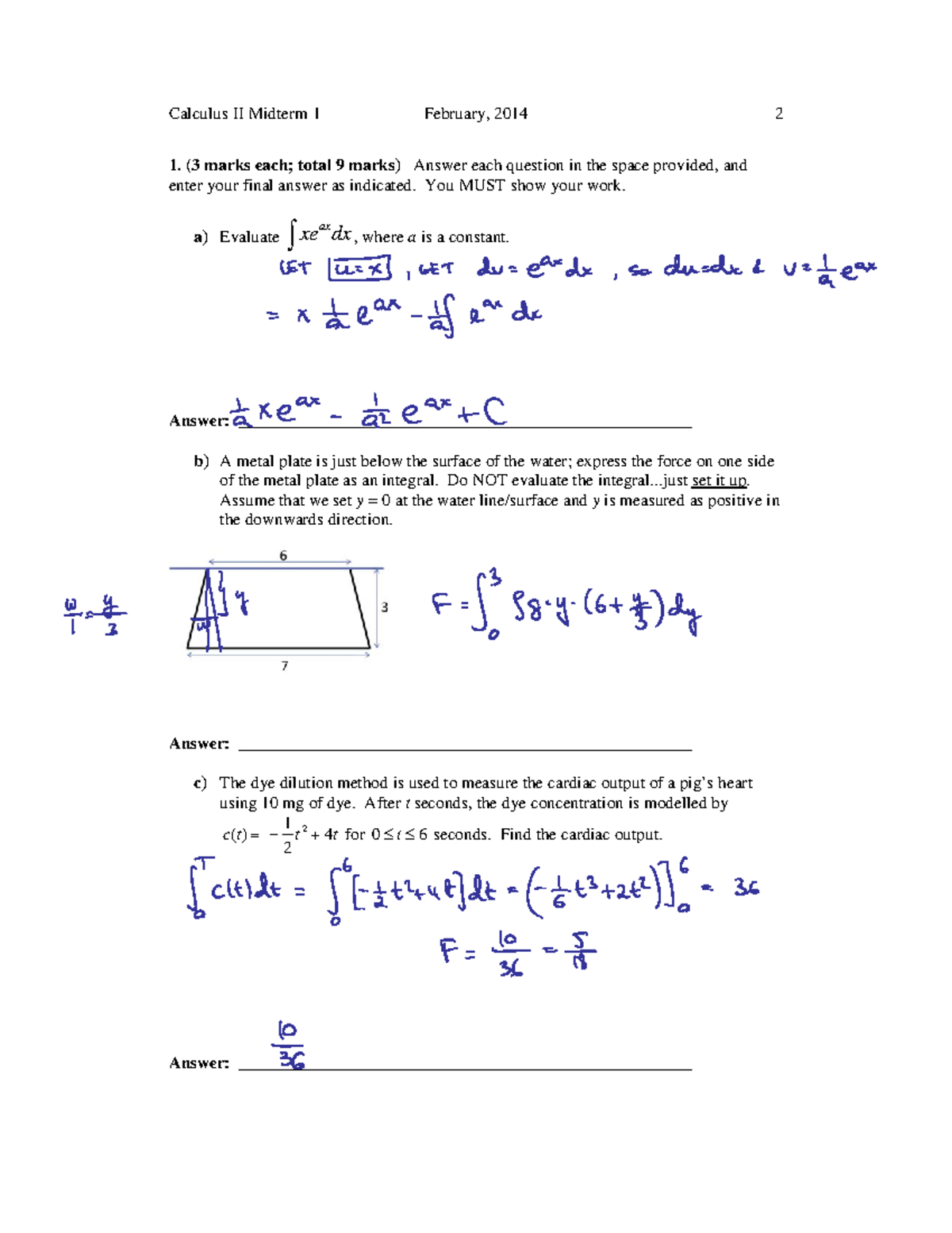 Calculus II Midterm 1 Exam - Questions & Answers February 2014 - Studocu