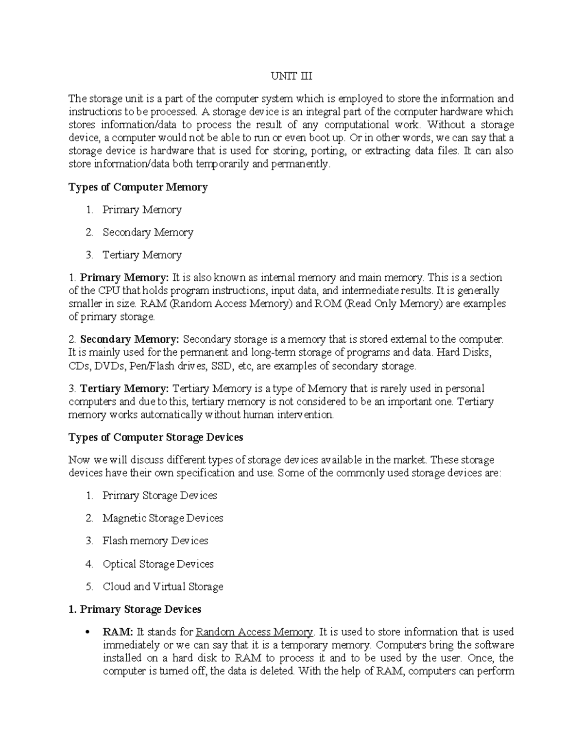 FIT - UNIT III, IV, V - Overview of Computer Storage & Software Systems ...