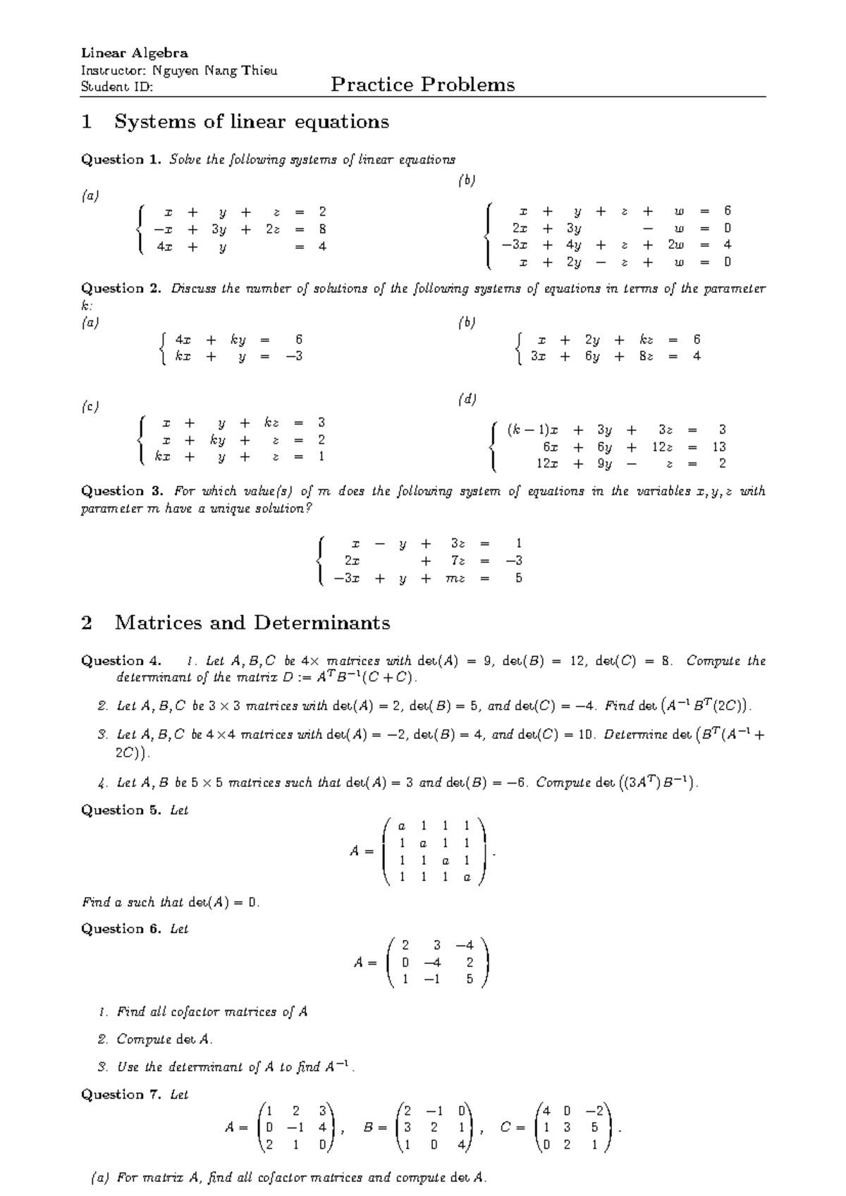 Linear Algebra Practice Problems (Course Code: BB15) - Studocu