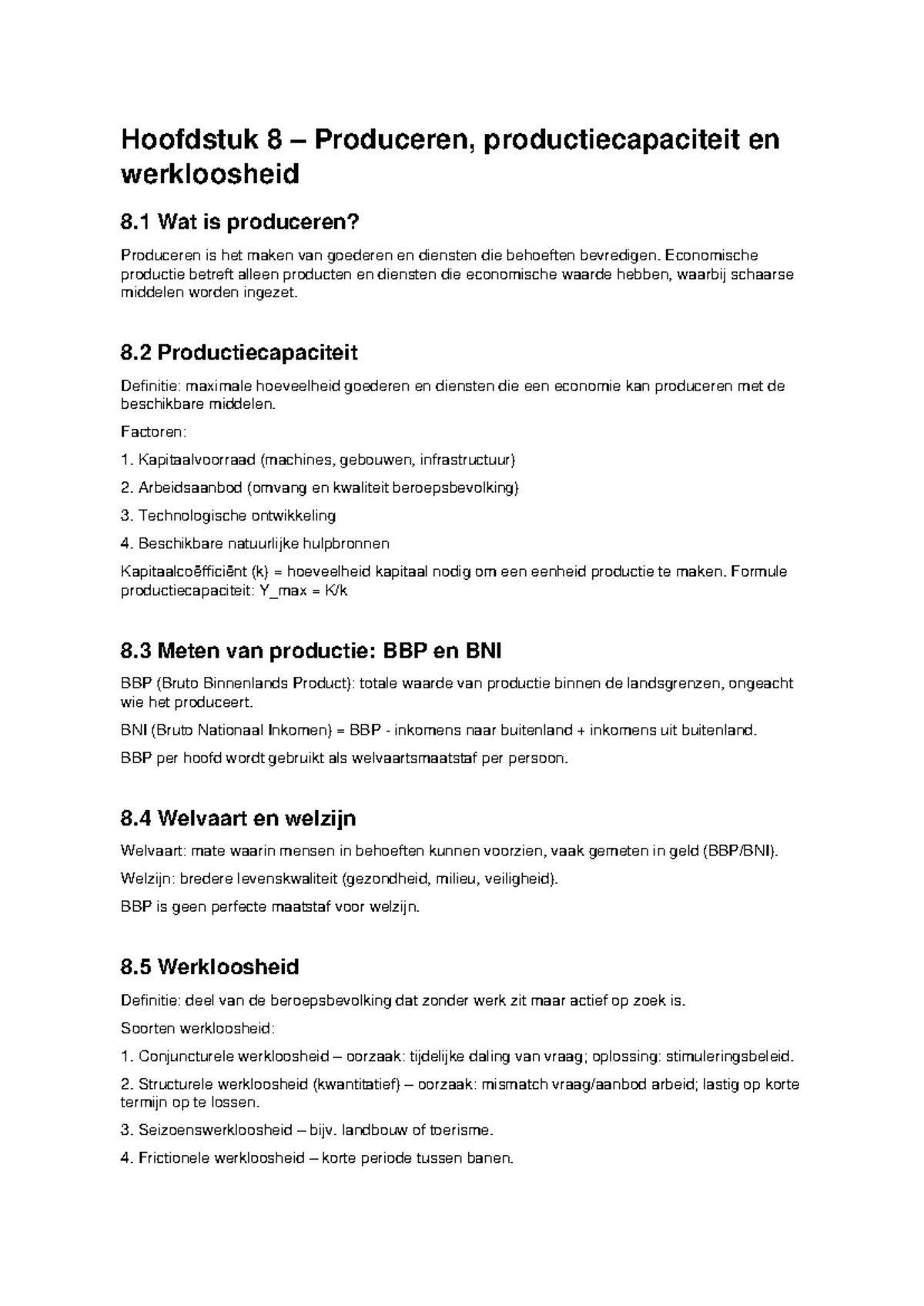 Hoofdstuk 8 Samenvatting: Produceren, Capaciteit en Werkloosheid ...