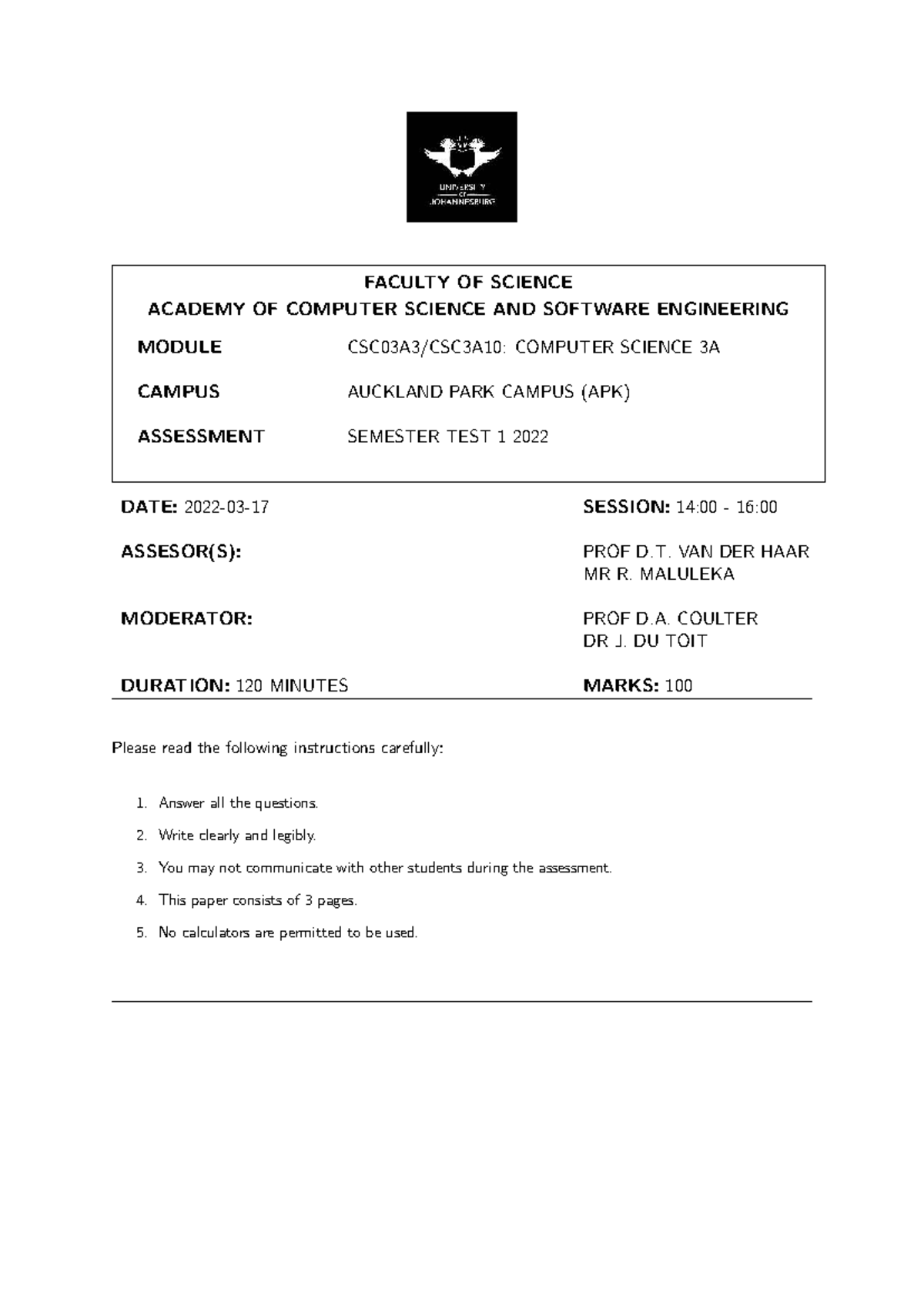 CSC03A3 2022 Semester Test 1 - Computer Science 3A - Studocu
