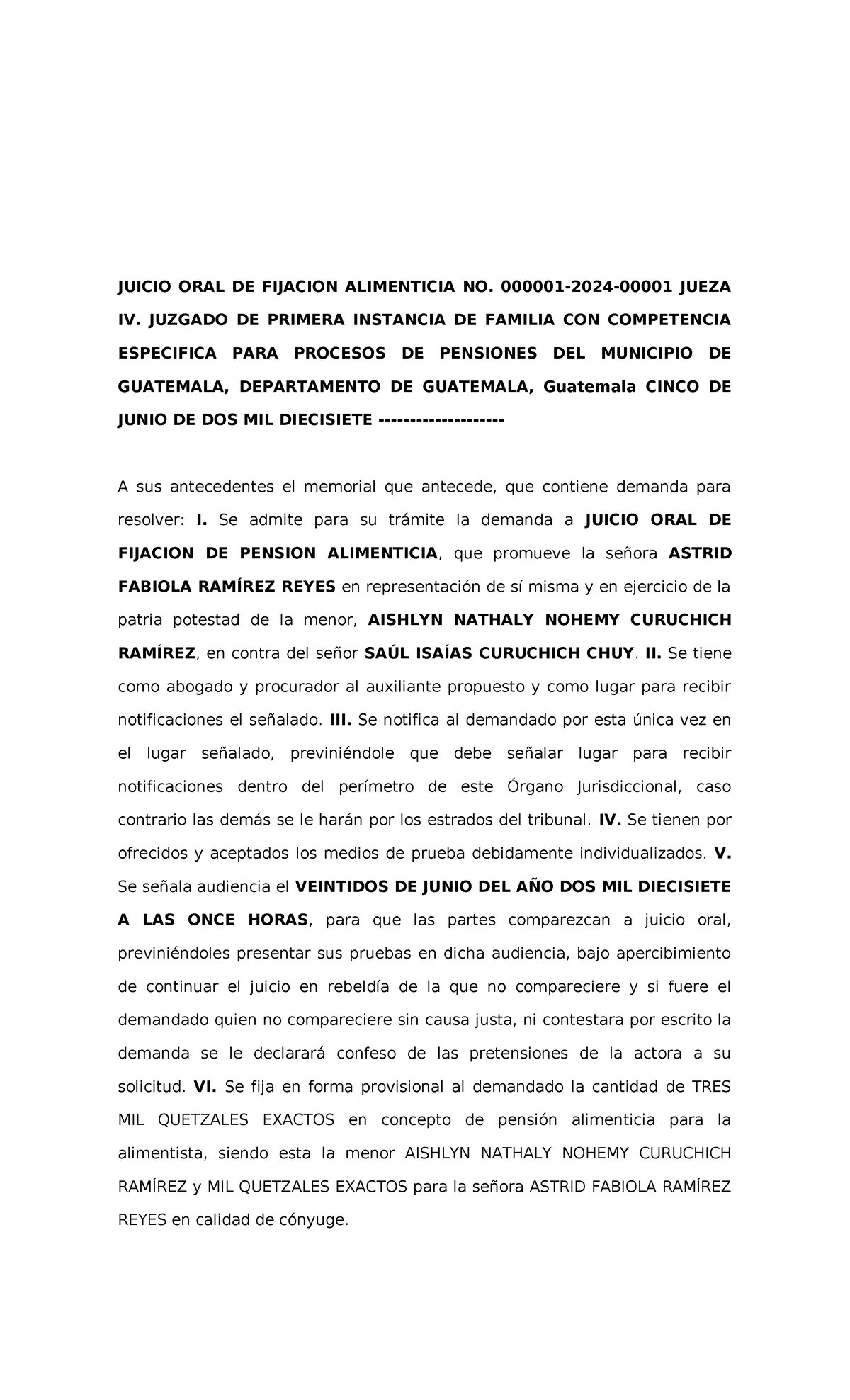JUICIO ORAL DE FIJACION ALIMENTICIA - RESOLUCIÓN 2017 - Studocu