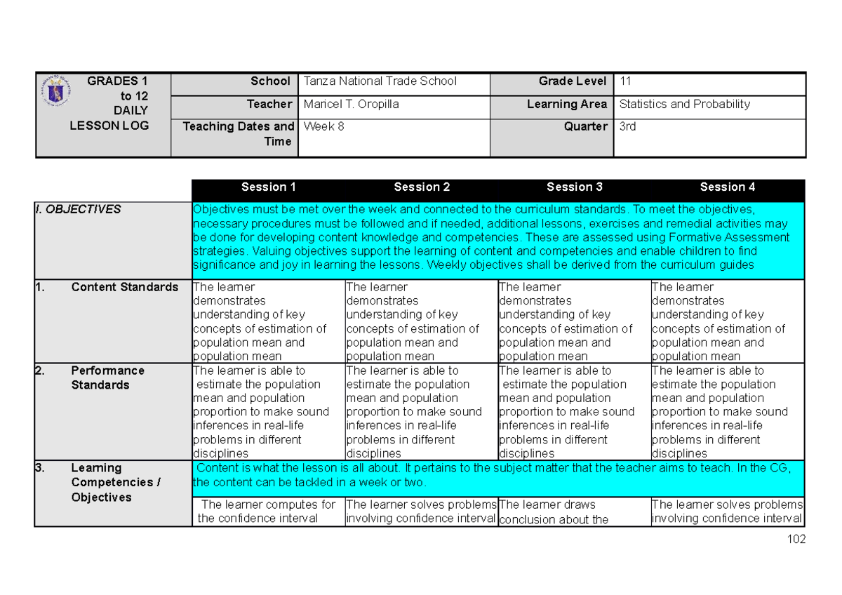Lesson Plan in Statistics for Week 8 (11th Grade) - Studocu