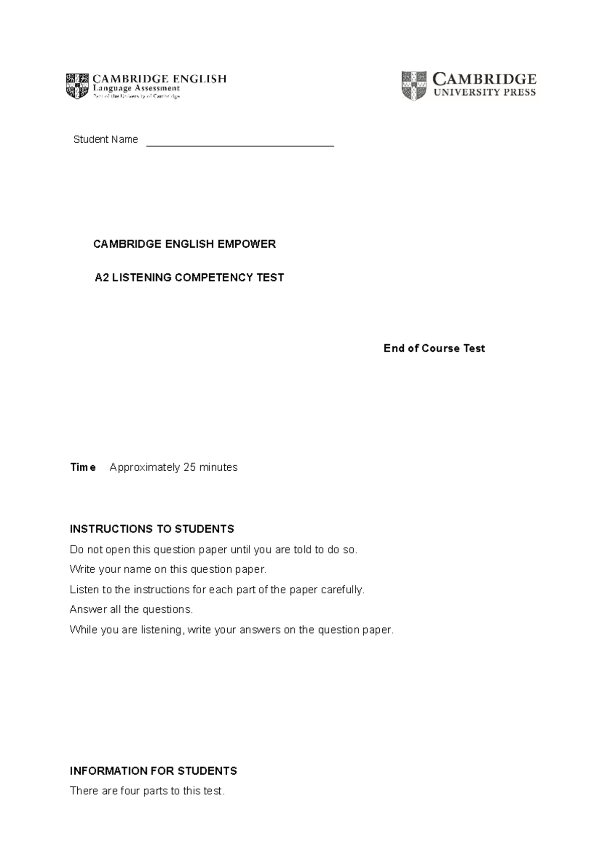 CAMBRIDGE ENGLISH EMPOWER A2 Listening & Writing End of Course Test ...