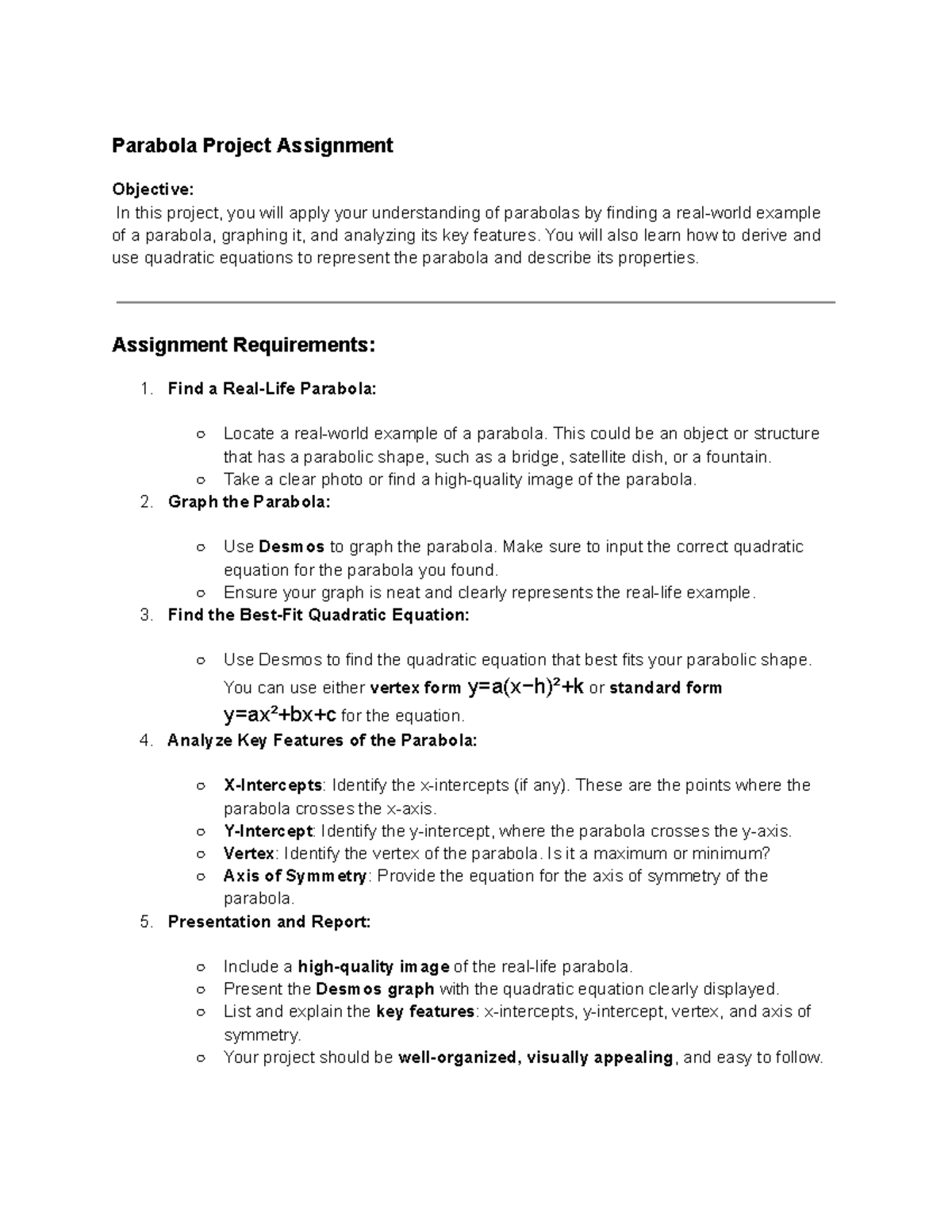 Parabola Project Assignment - Parabola Project Assignment Objective: In ...