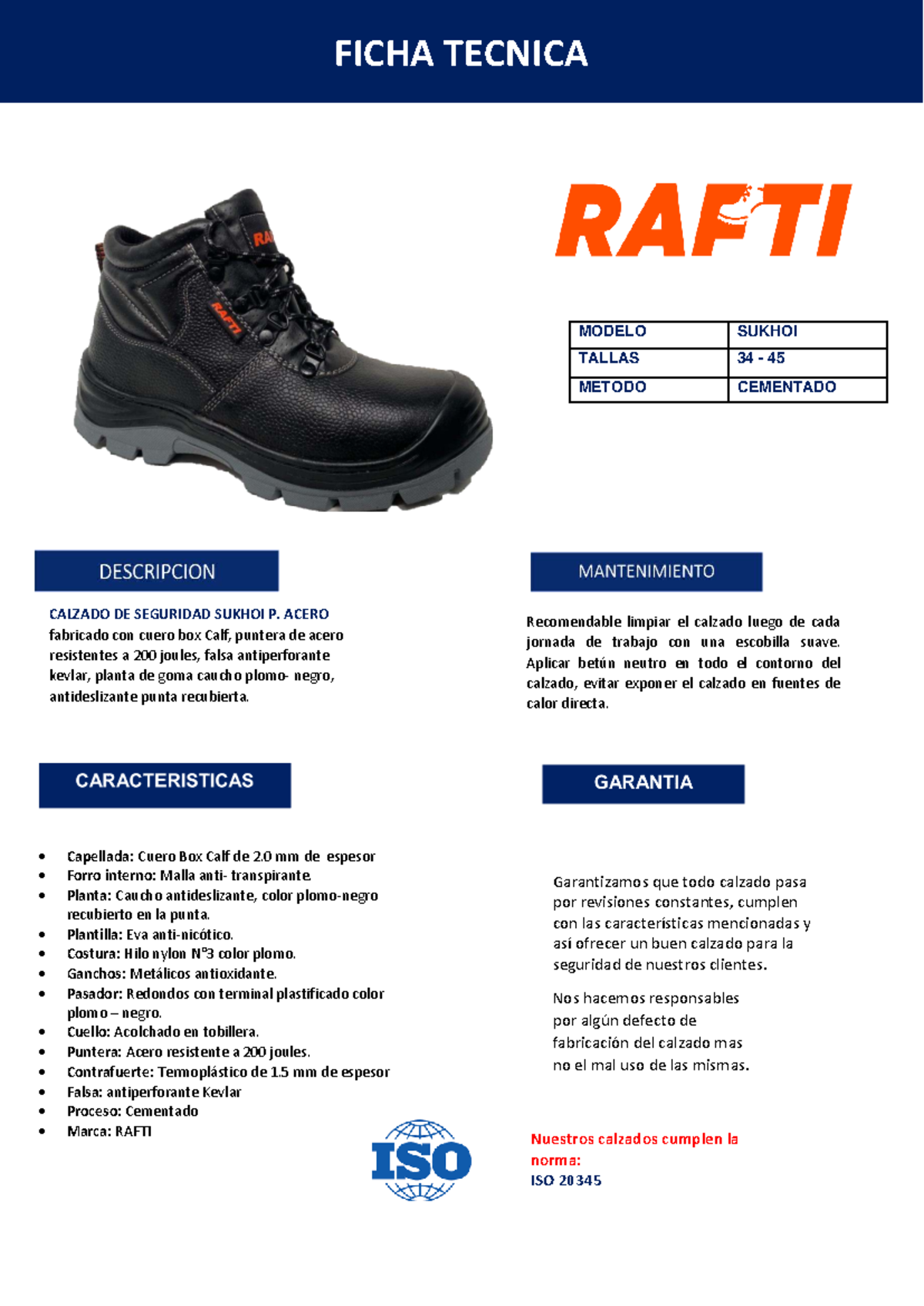 Ficha Técnica Calzado de Seguridad Sukhoi P. Acero ISO 20345 - Document Preview
