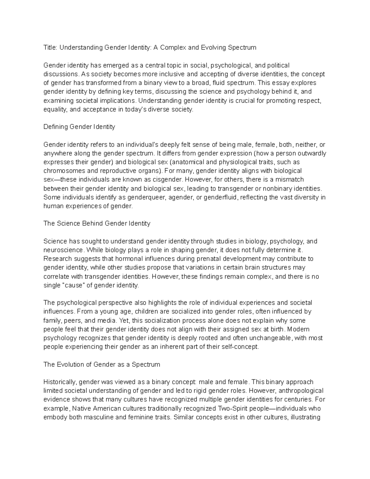 ENG 202 - Essay on Understanding Gender Identity Spectrum - Studocu
