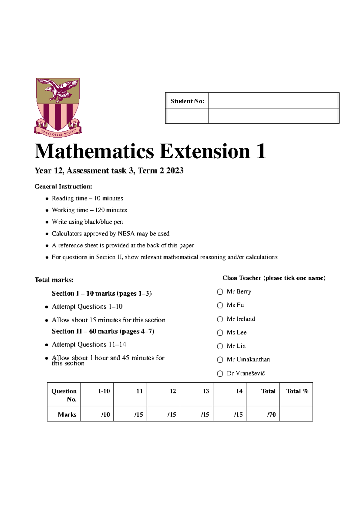 North Sydney Boys High - X1 - 2023 Math Extension 1 Trial Questions ...