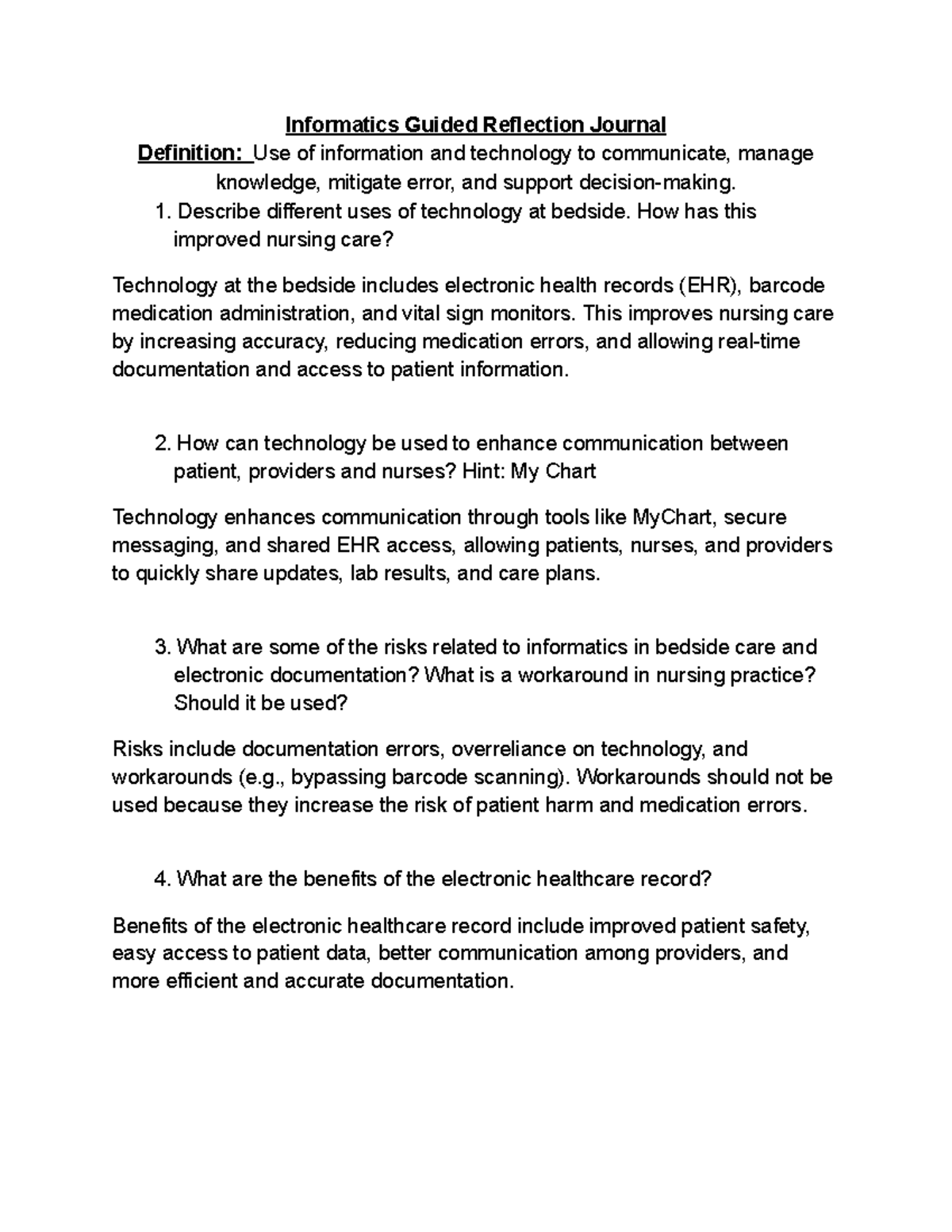 Reflective Journal 4: Informatics in Nursing Care and Technology Use ...