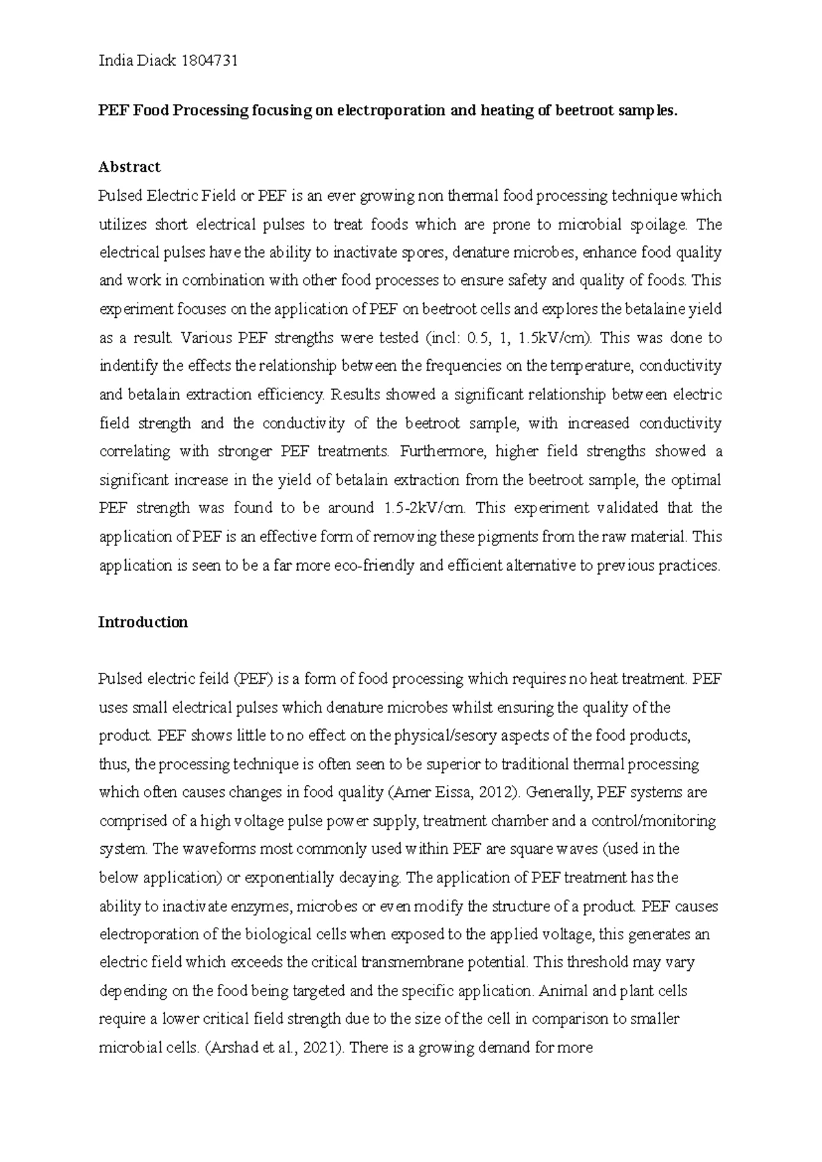 PEF Lab Report: Impact of Treatment Intensities on Beetroot Pigment ...