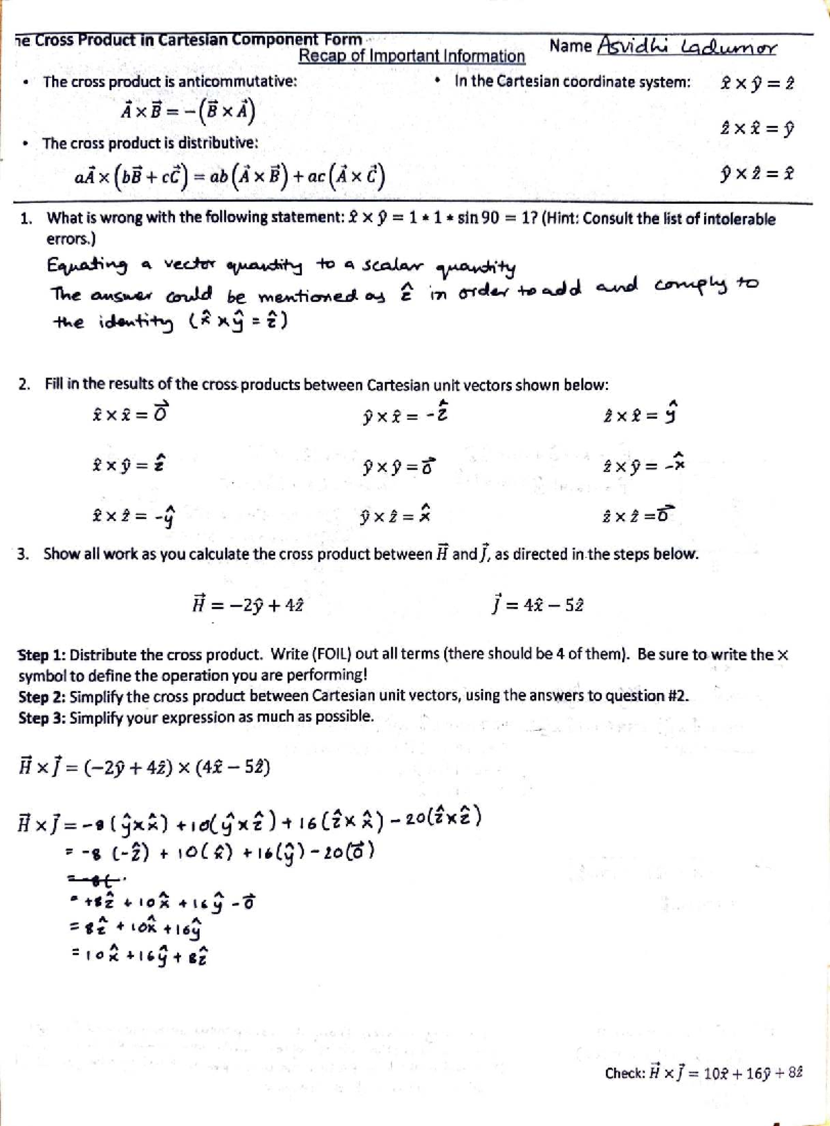ICW: Cross Product in Cartesian Components - Key Concepts Recap - Studocu