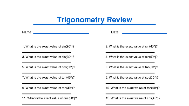 Trigonometry Review 6: Exact Values Practice Questions - Studocu