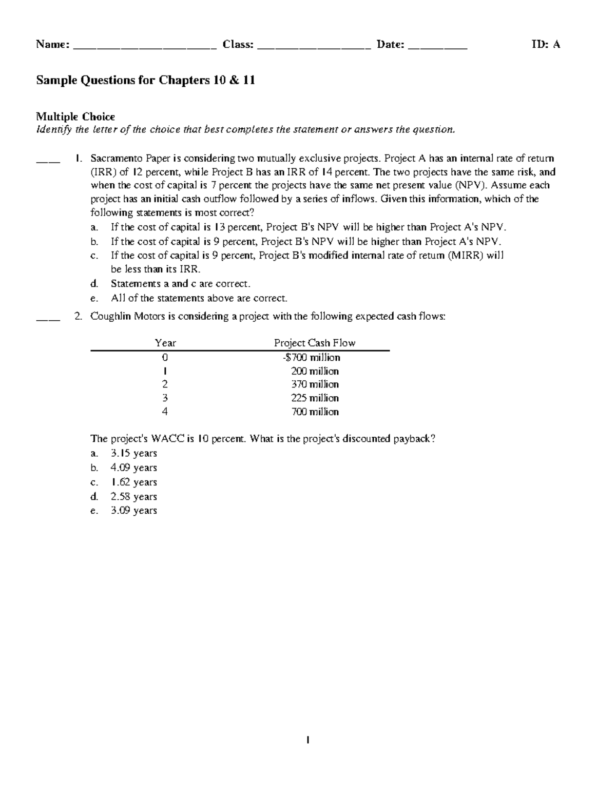 Sample Questions - Chapters net present value - Name ...