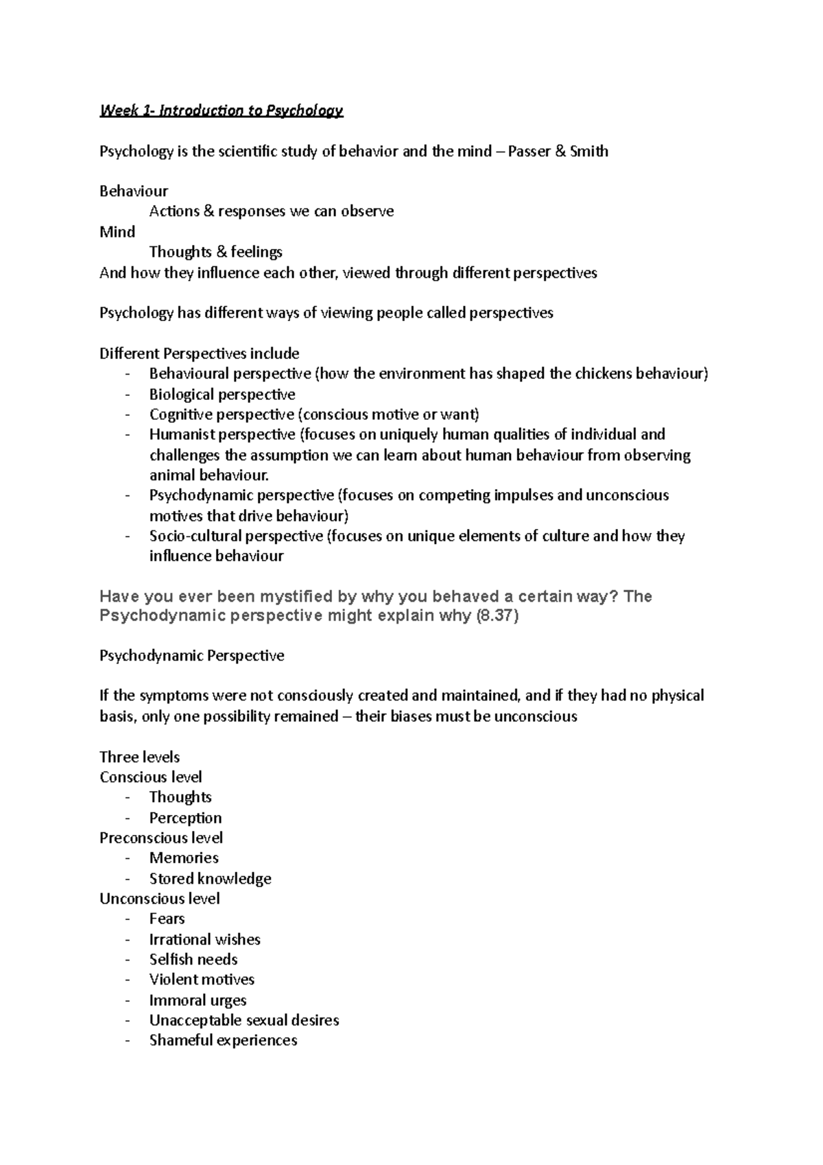 Psychology 101: Human Behaviour Course Notes and Perspectives - Studocu