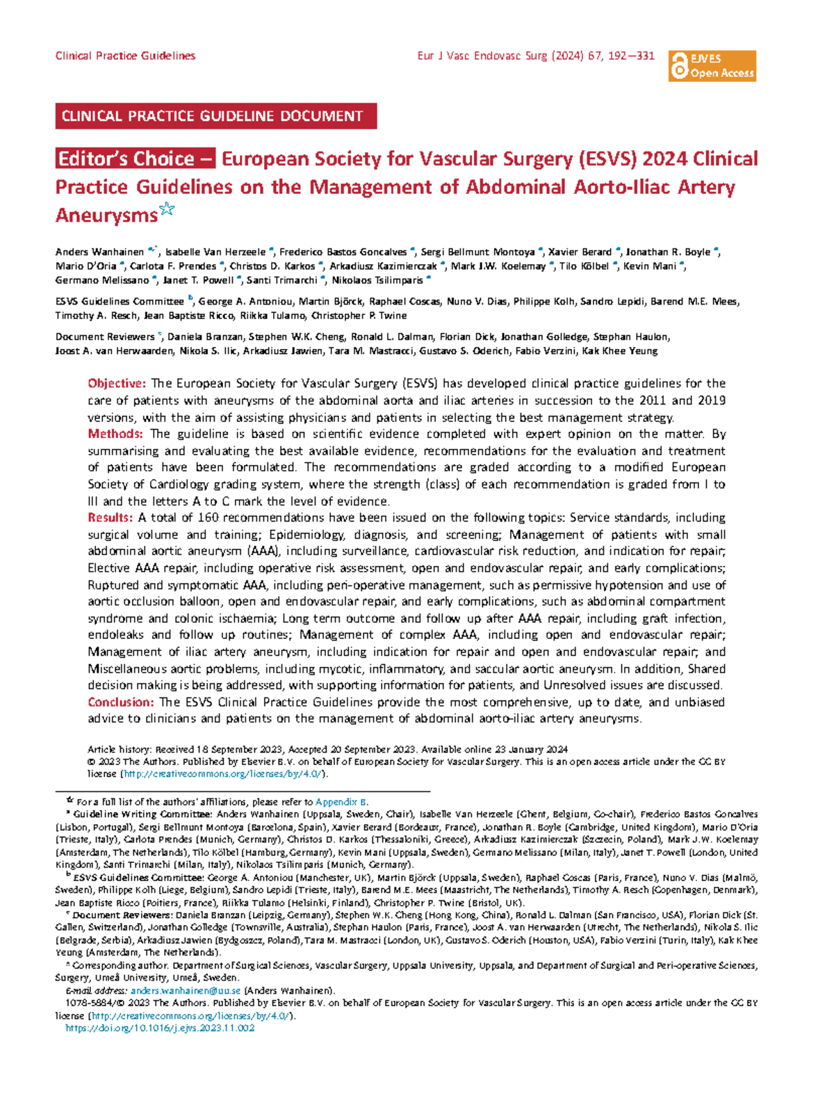 ESVS 2024 Clinical Practice Guidelines for Abdominal Aorto-Iliac ...