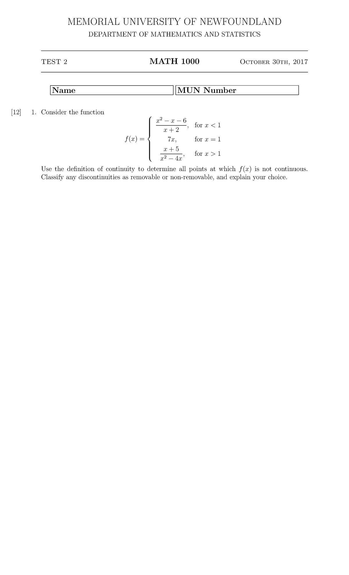 Test 2 - October 30, 2017 - MEMORIAL UNIVERSITY OF NEWFOUNDLAND ...