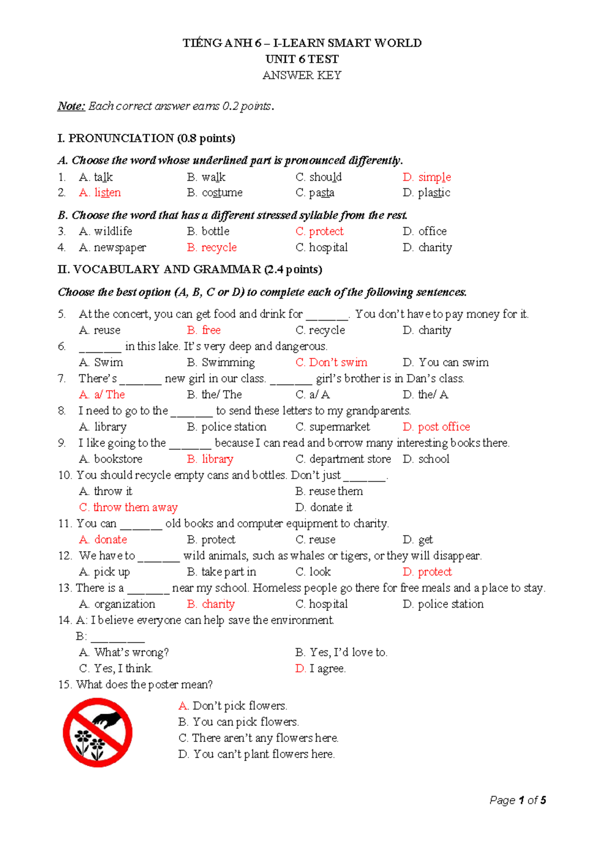 TIẾNG ANH 6 SMART WORLD UNIT 6 TEST ANSWER KEY - Studocu