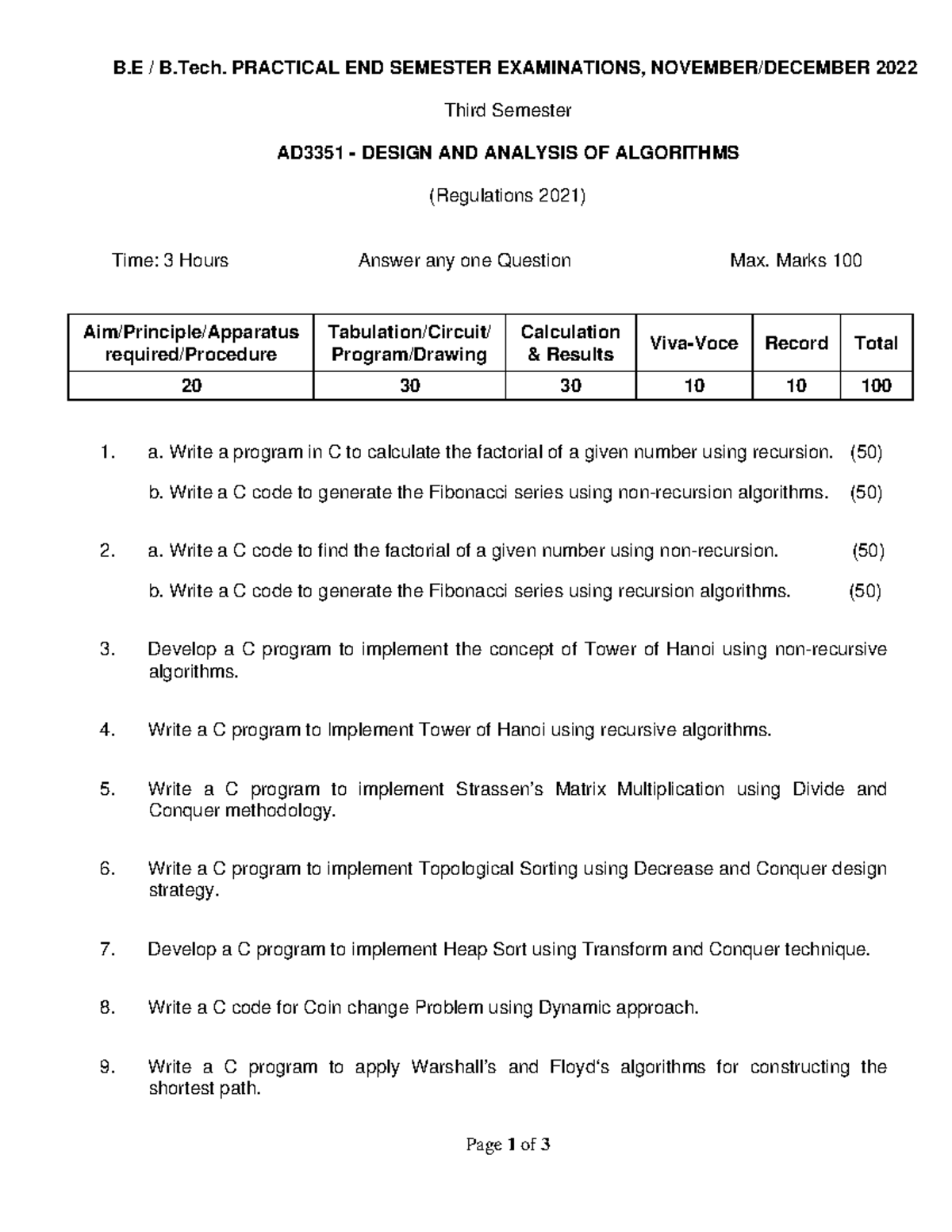 AD3351 DESIGN AND ANALYSIS OF ALGORITHMS - Practical Exam Ques - Studocu